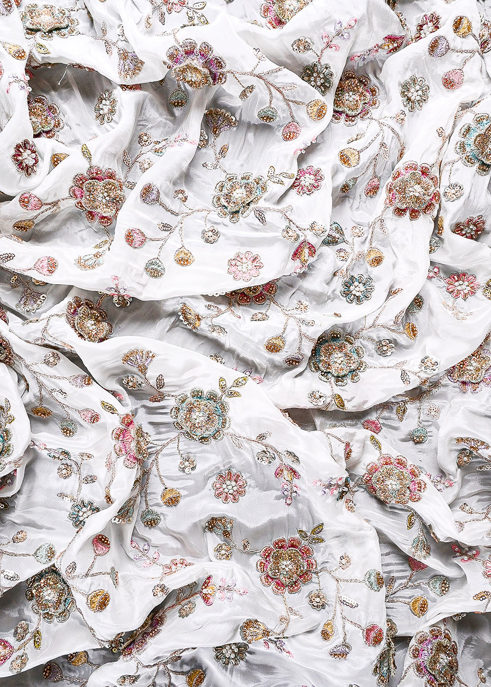 White Dyeable Crepe Fabric With All Over Sequins, Katdana, Zari, Thread, Bead And 3D Work 23691