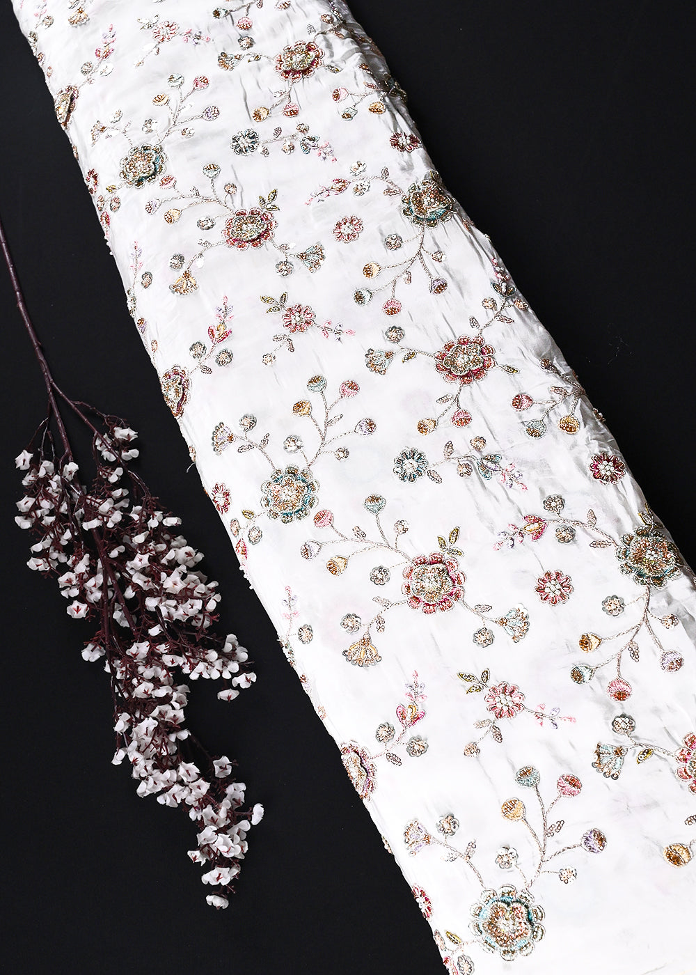 White Dyeable Crepe Fabric With All Over Sequins, Katdana, Zari, Thread, Bead And 3D Work 23691