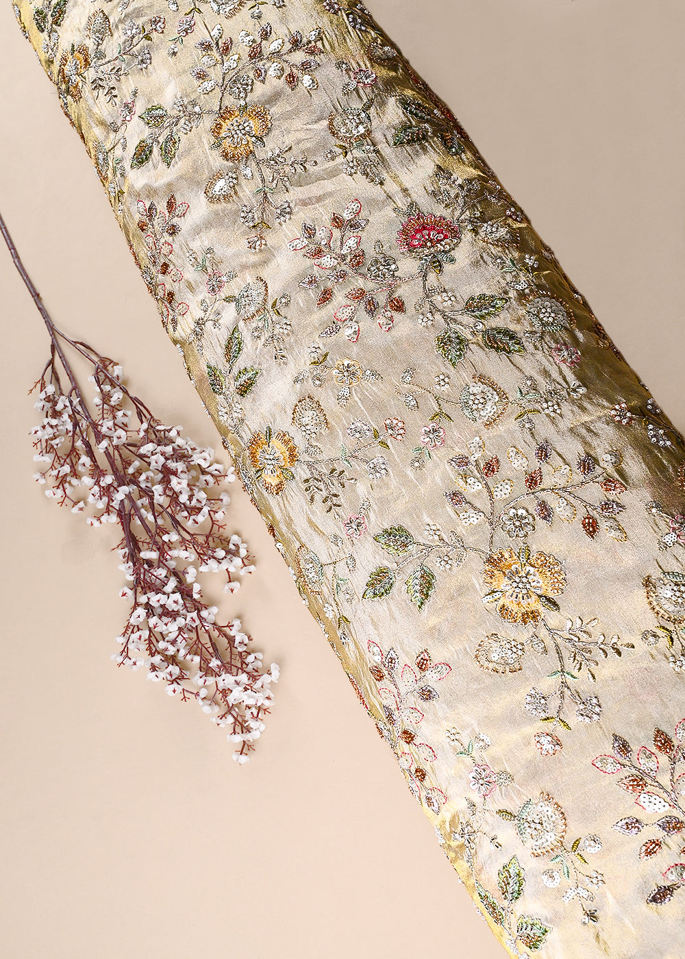 Golden Dyeable Tissue Fabric With All Over Sequins, Katdana, Zari, Thread And Bead Work 23693