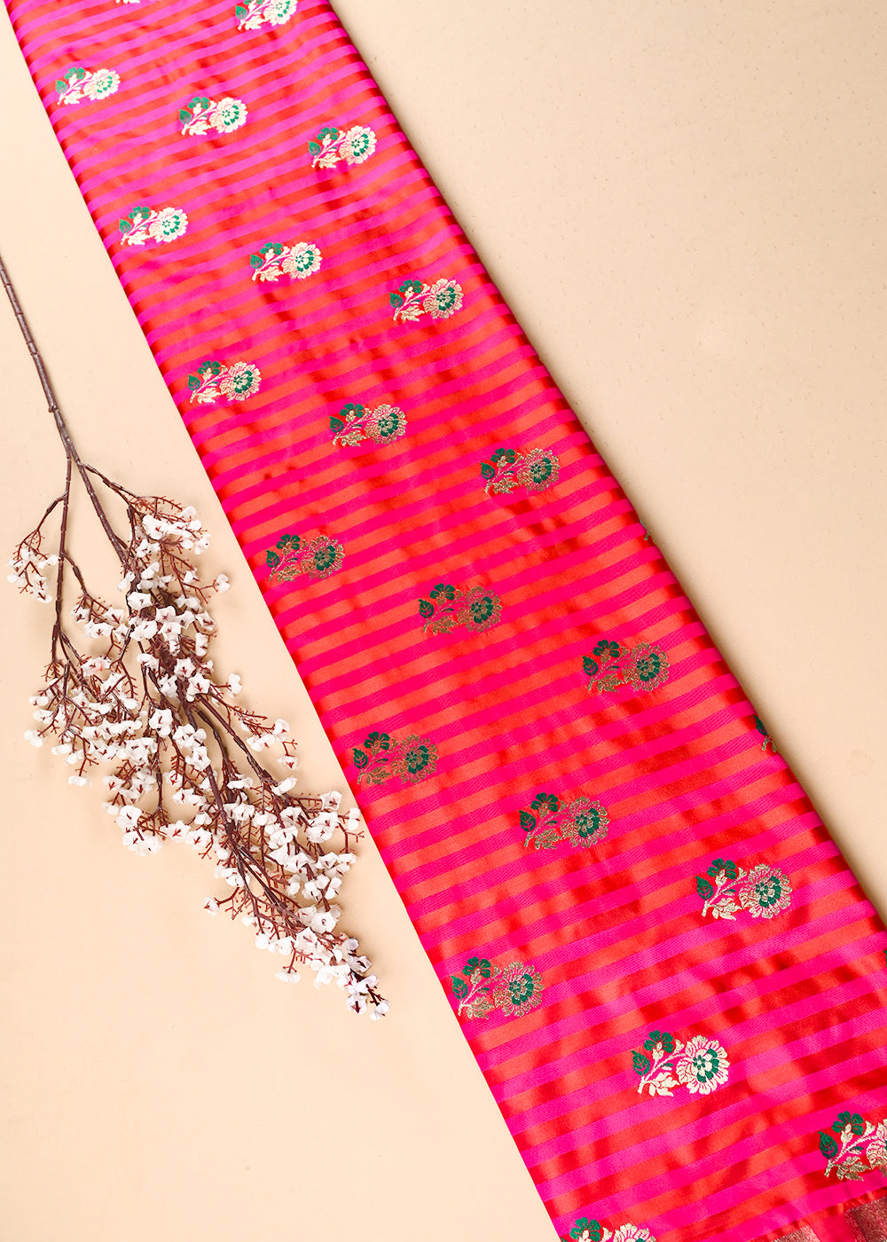 Rani Pink Silk Fabric With All Over Thread And Zari Handloom 23706