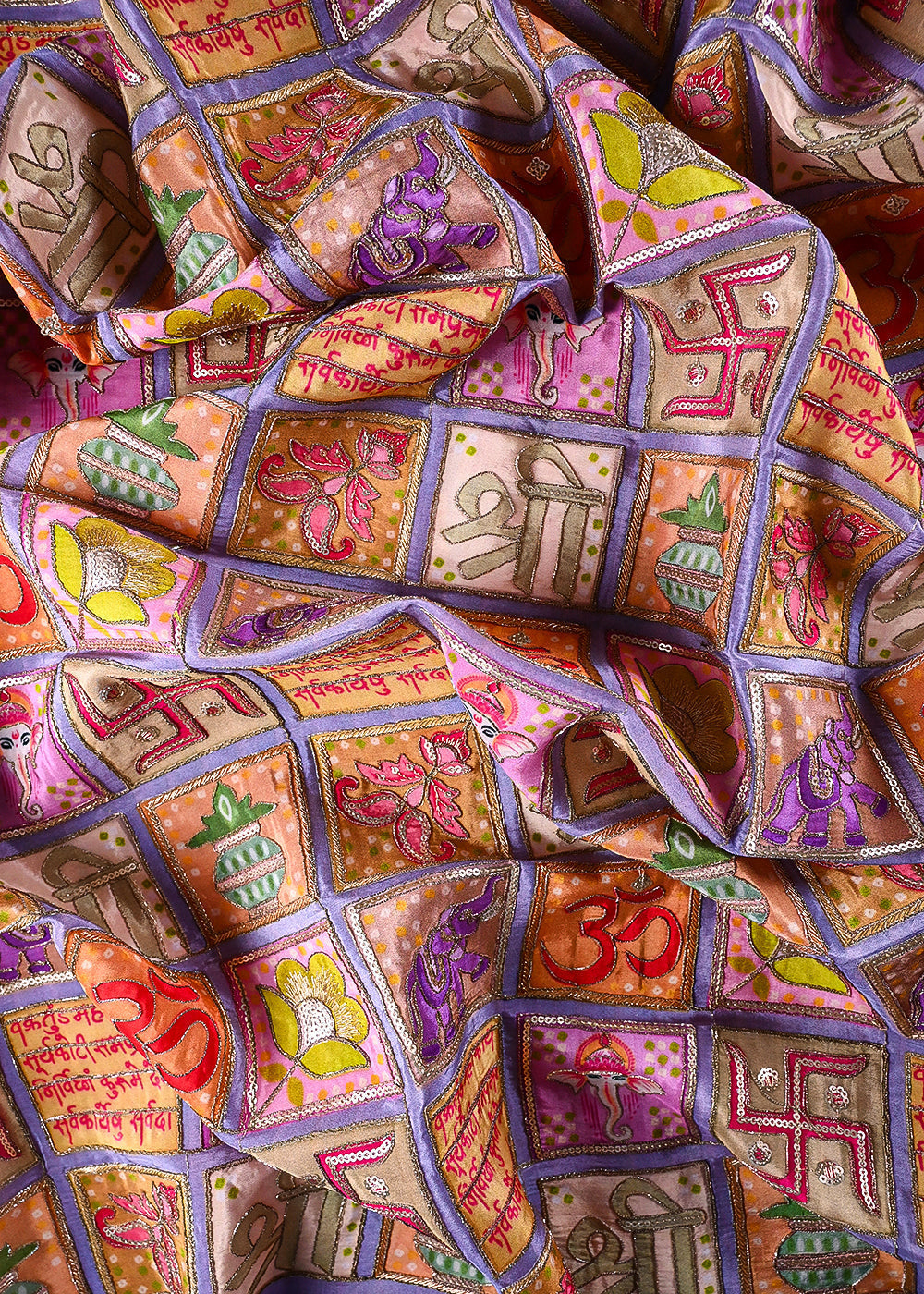 Lavender Crepe Printed Fabric With All Over Zari And Sequins Work 23714