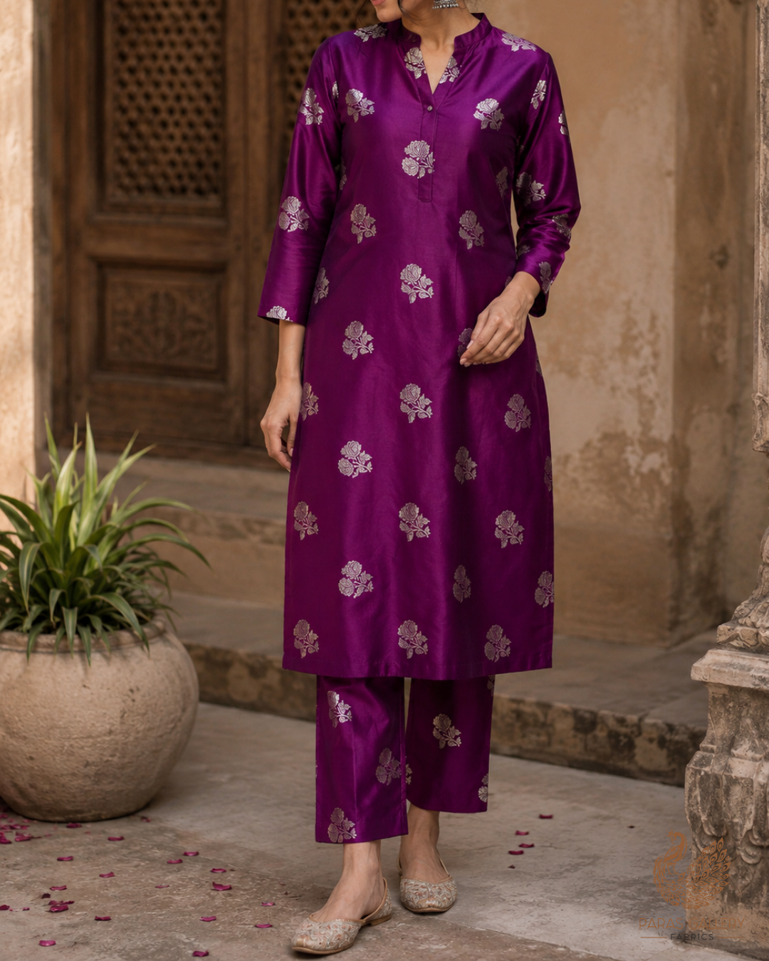 Purple Banarasi Brocade Fabric With All Over Zari Handloom 23716