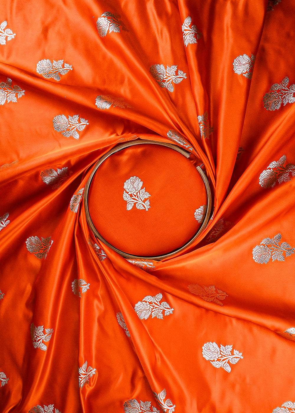 Orange Banarasi Brocade Fabric With All Over Zari Handloom 23717