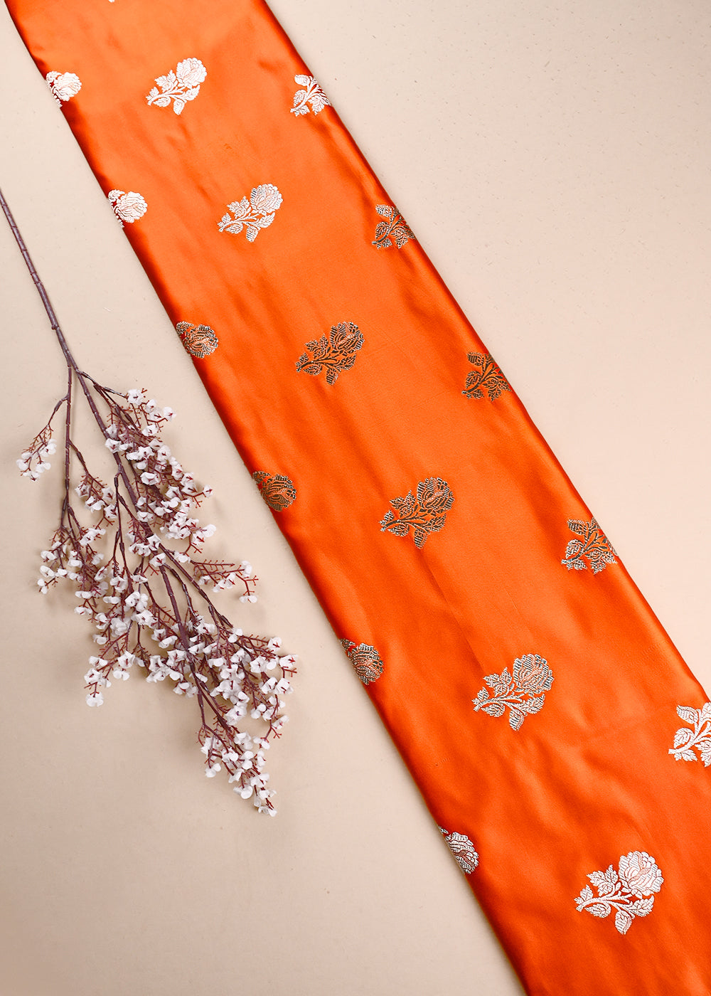 Orange Banarasi Brocade Fabric With All Over Zari Handloom 23717