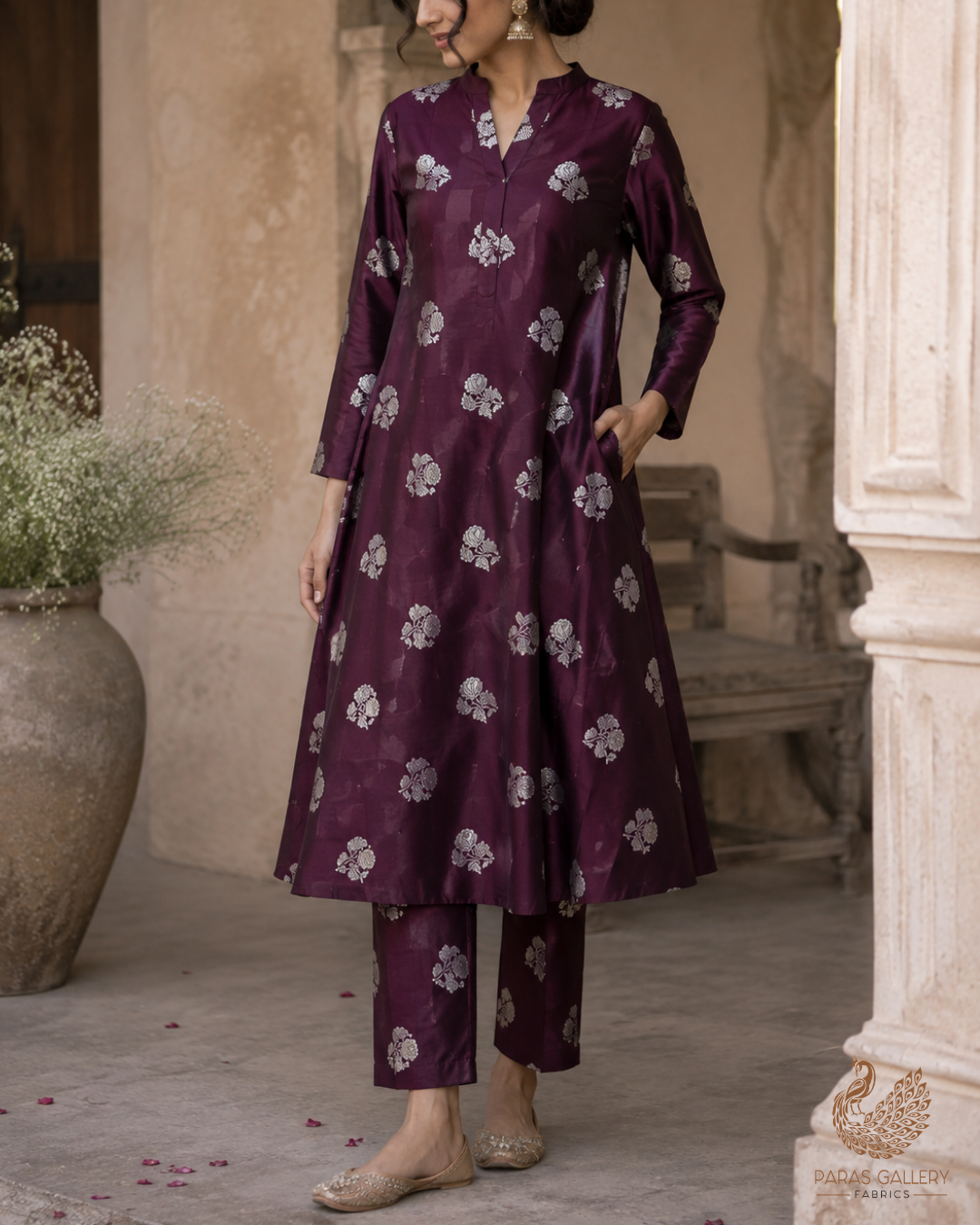 Burgundy Banarasi Brocade Fabric With All Over Zari Handloom 23721
