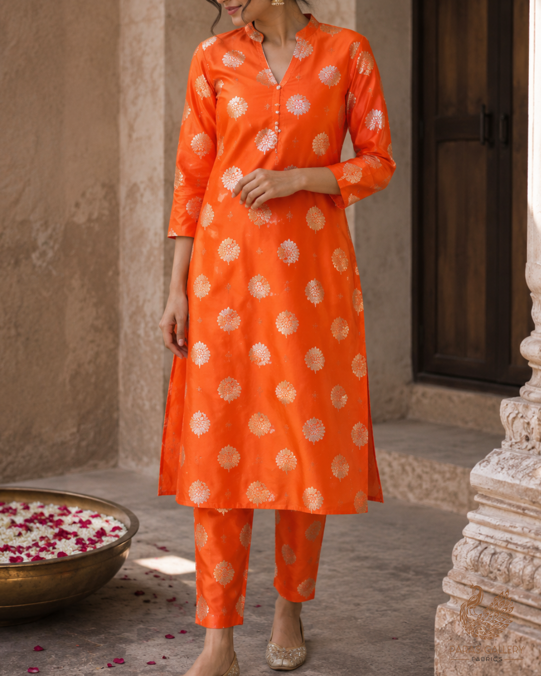 Orange Banarasi Brocade Fabric With All Over Zari Handloom 23724