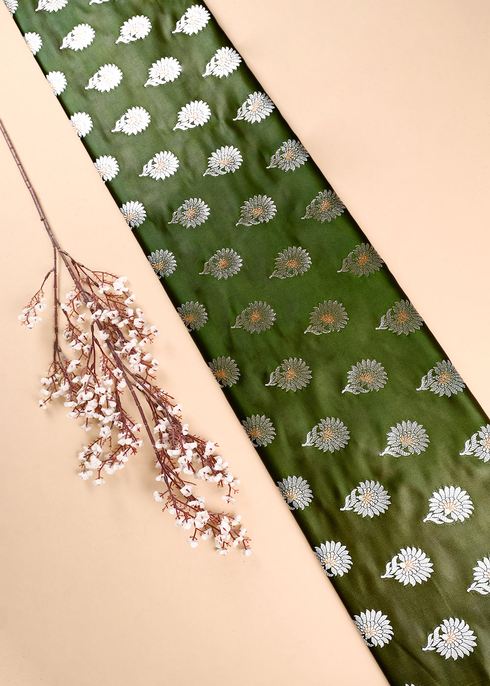 Mehndi Green Banarasi Brocade Fabric With All Over Zari Handloom 23728