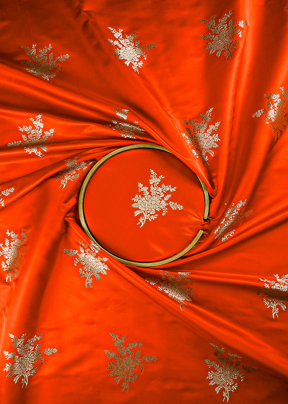 Orange Banarasi Brocade Fabric With All Over Zari Handloom 23734
