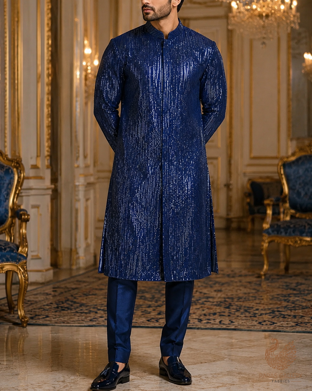 Navy Blue Imported Net Fabric With All Over Sequins And Katdana Work 23764