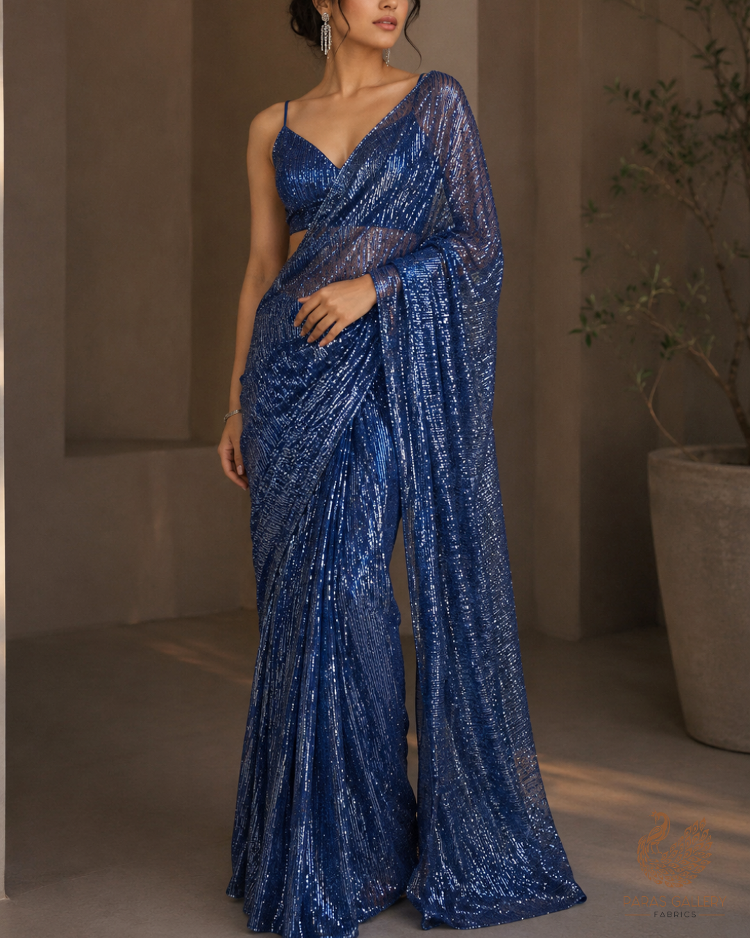 Navy Blue Imported Net Fabric With All Over Sequins And Katdana Work 23764