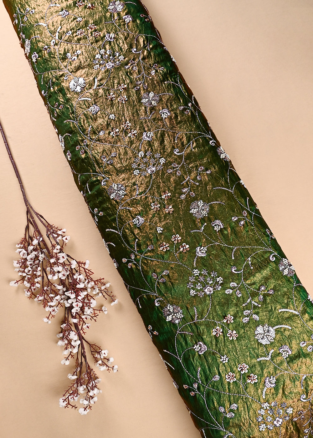 Green Diamond Silk Fabric With All Over Zari, Sequins, Katdana And Bead Work 23778