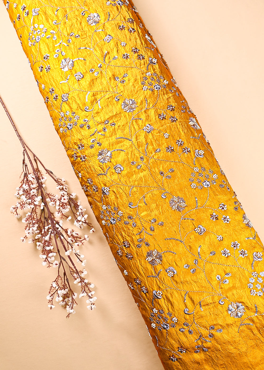 Mustard Diamond Silk Fabric With All Over Zari, Sequins, Katdana And Bead Work 23779