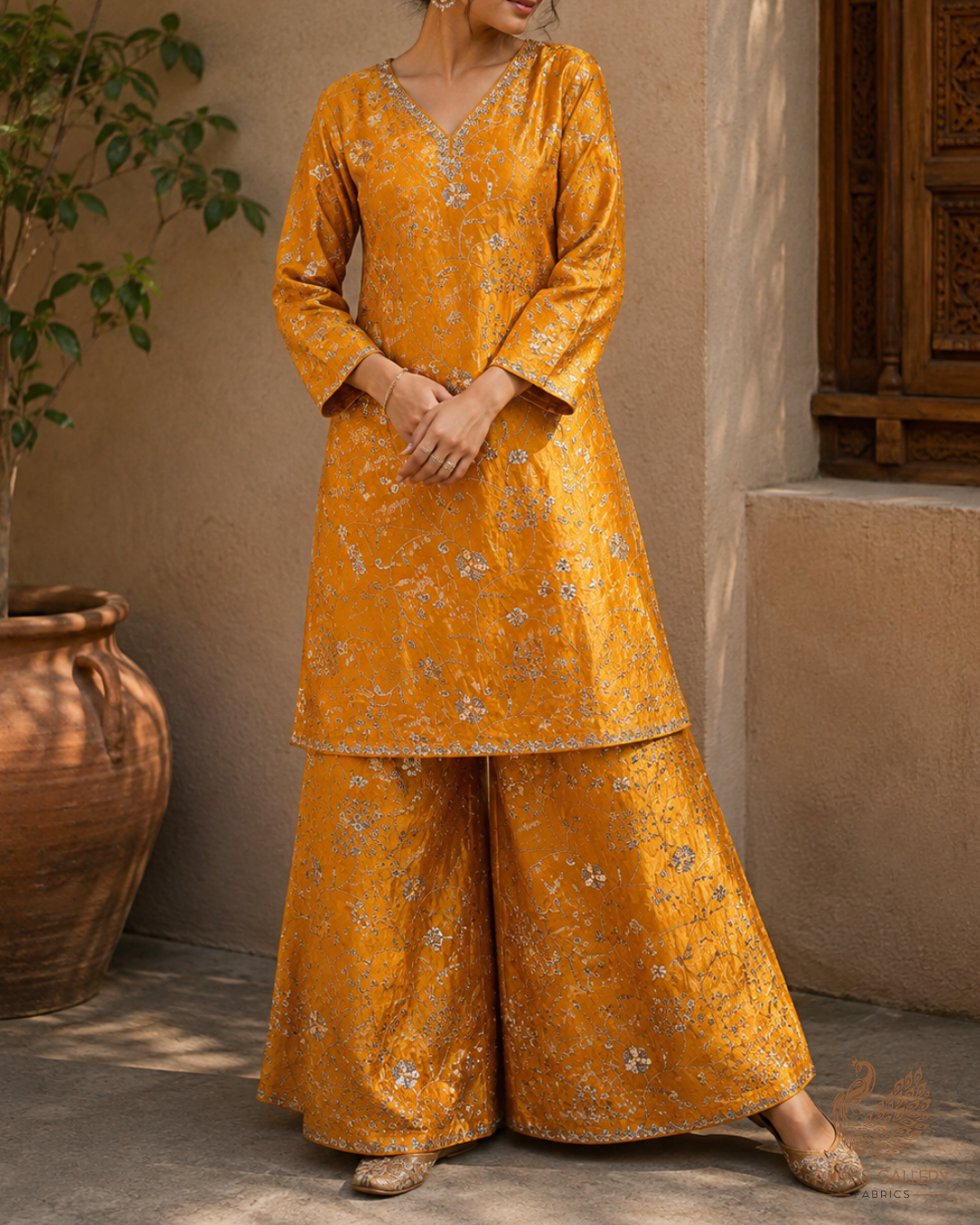 Mustard Diamond Silk Fabric With All Over Zari, Sequins, Katdana And Bead Work 23779