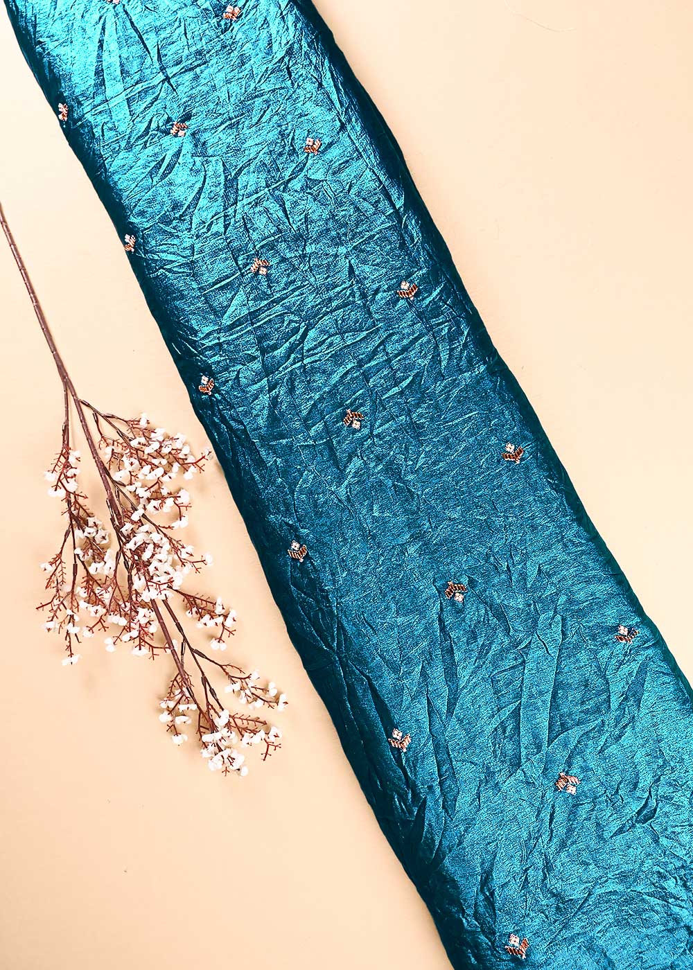 Dark Firozi Diamond Tissue Fabric With All Over Buti Of Zari, Katdana And Bead Work 23782