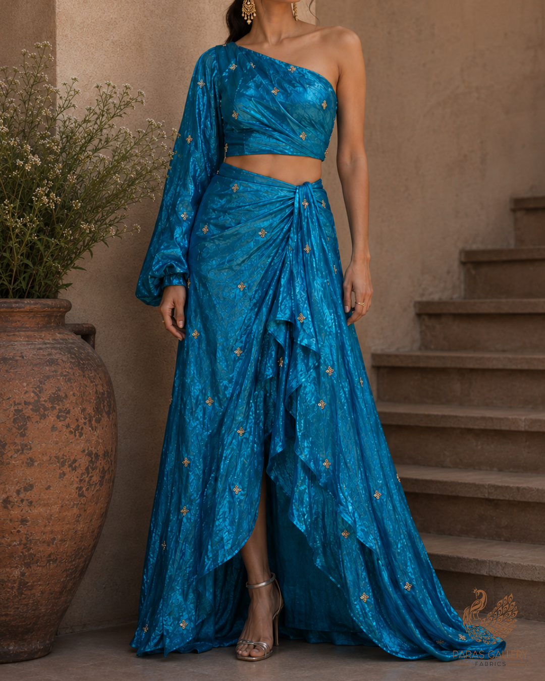 Dark Firozi Diamond Tissue Fabric With All Over Buti Of Zari, Katdana And Bead Work 23782