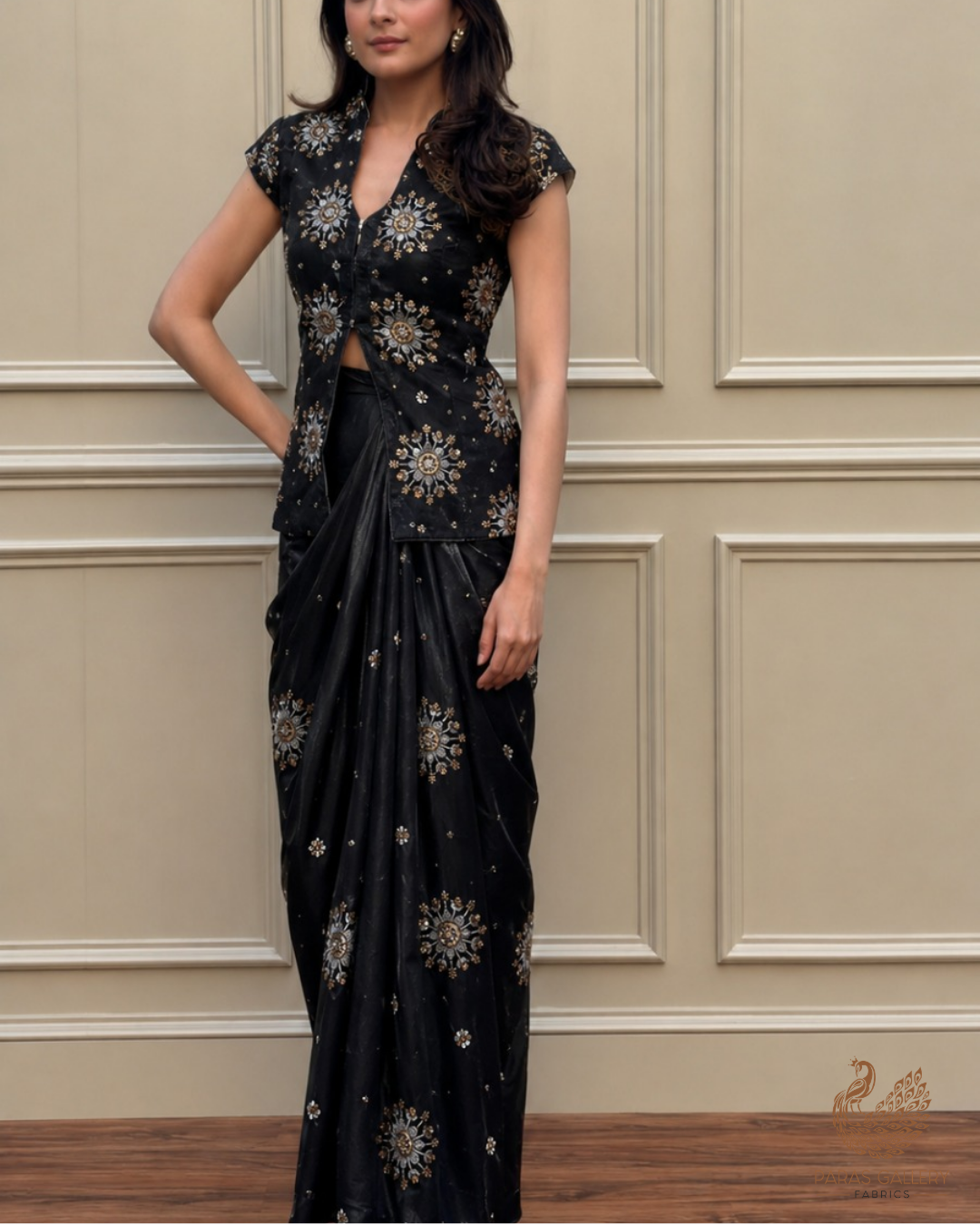 Black Diamond Tissue Fabric With All Over Zari, Sequins, Katdana And Bead Work 23783