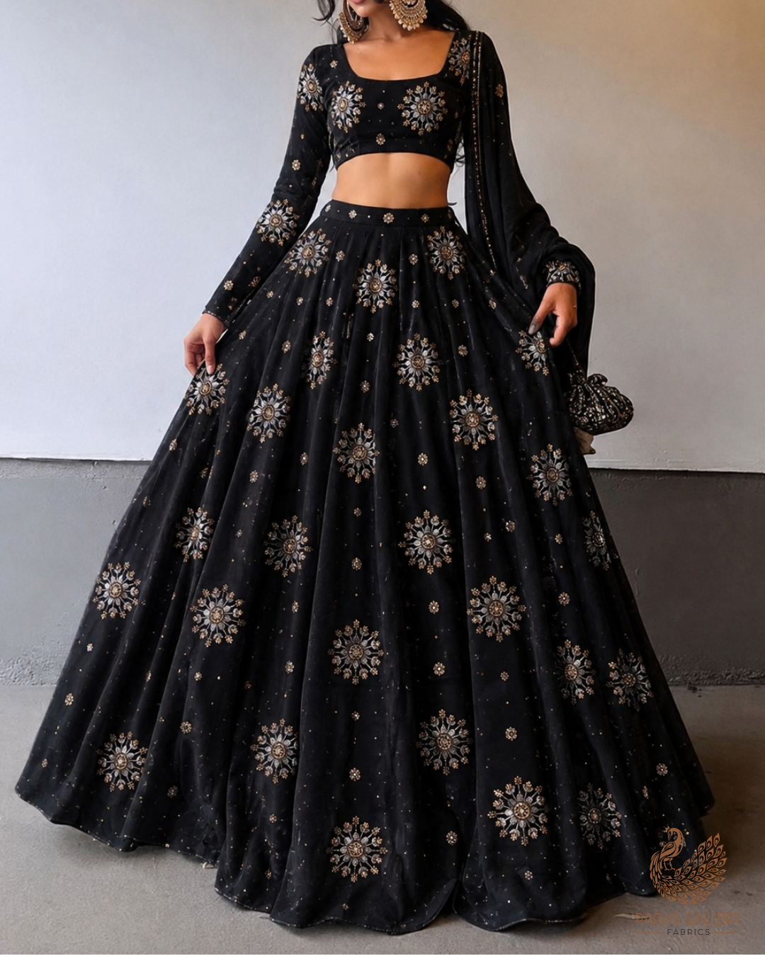 Black Diamond Tissue Fabric With All Over Zari, Sequins, Katdana And Bead Work 23783