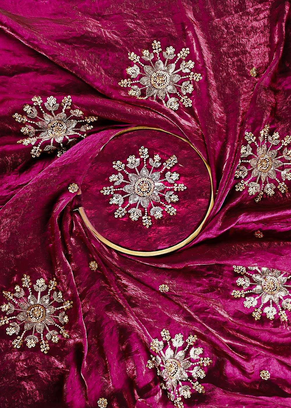 Wine Diamond Tissue Fabric With All Over Zari, Sequins, Katdana And Bead Work 23784