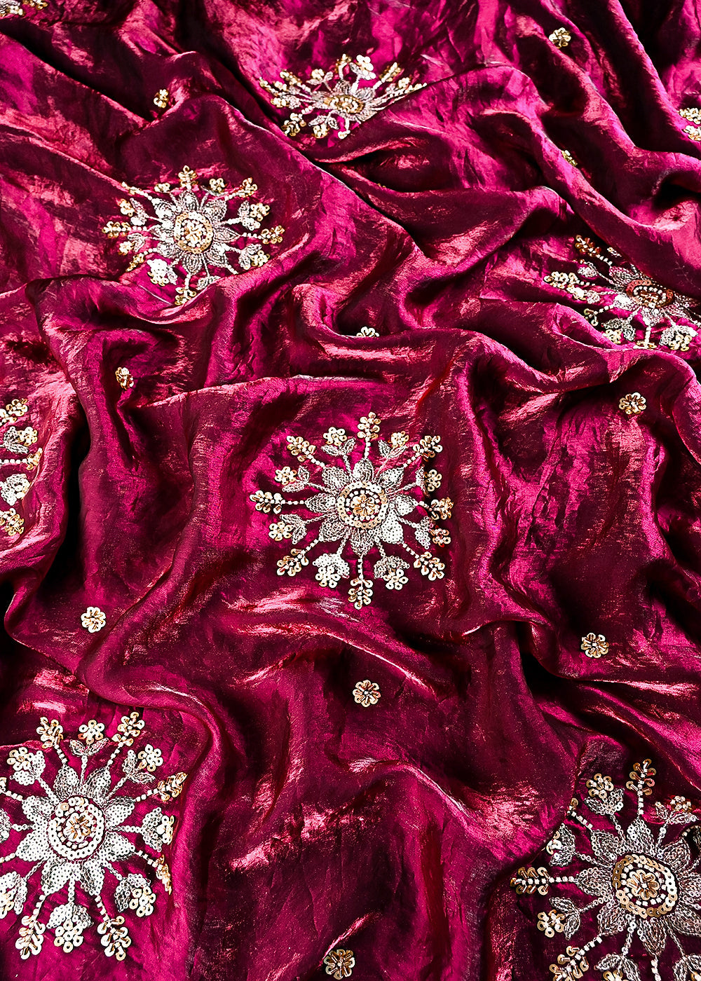 Wine Diamond Tissue Fabric With All Over Zari, Sequins, Katdana And Bead Work 23784