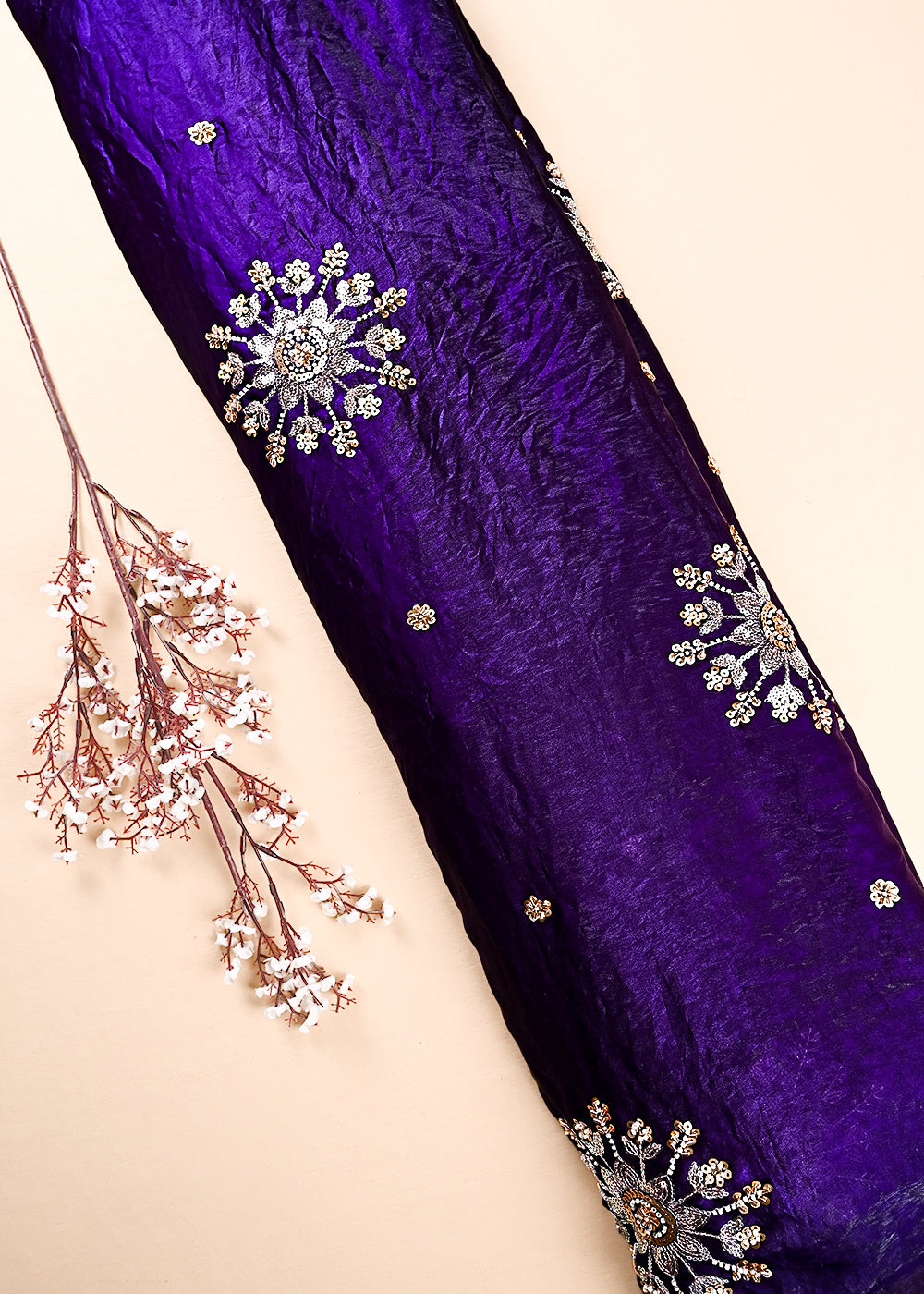 Purple Diamond Tissue Fabric With All Over Zari, Sequins, Katdana And Bead Work 23785
