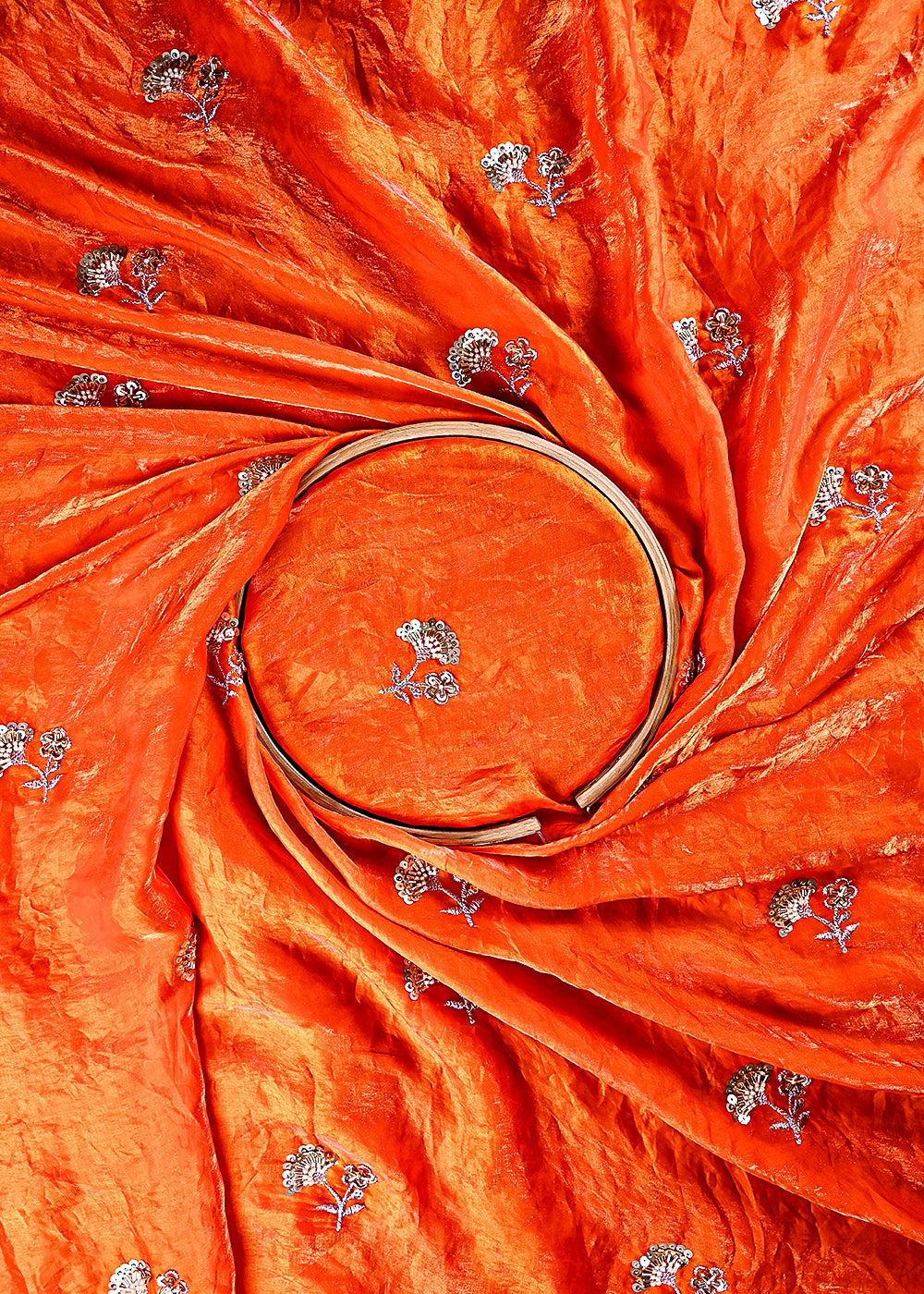 Orange Diamond Tissue Fabric With All Over Zari, Sequins And Katdana Work 23786