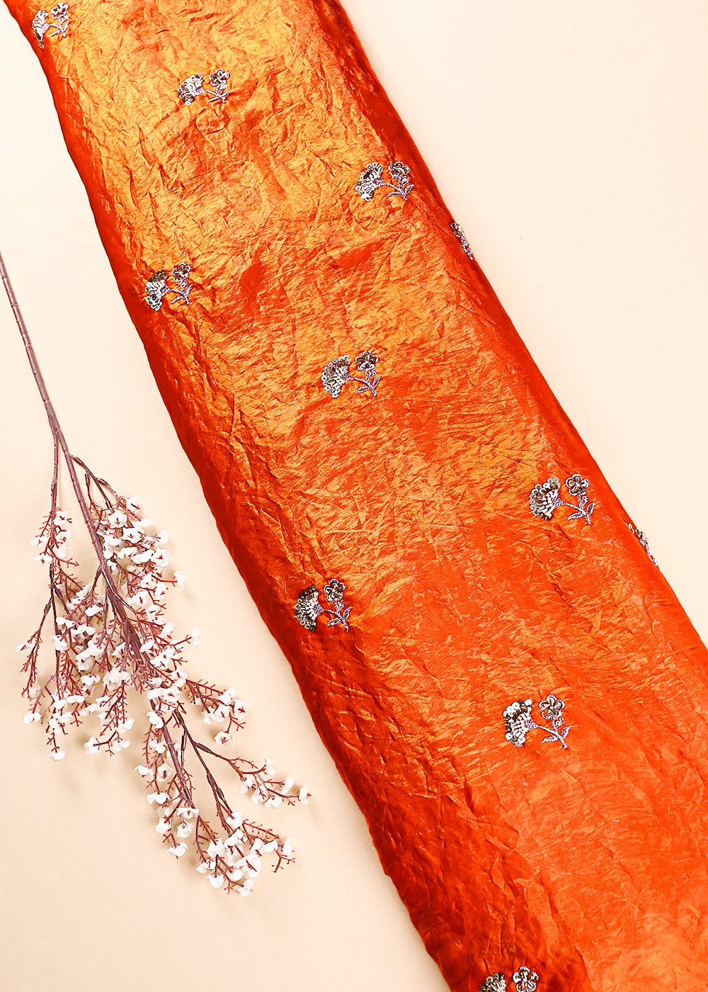 Orange Diamond Tissue Fabric With All Over Zari, Sequins And Katdana Work 23786