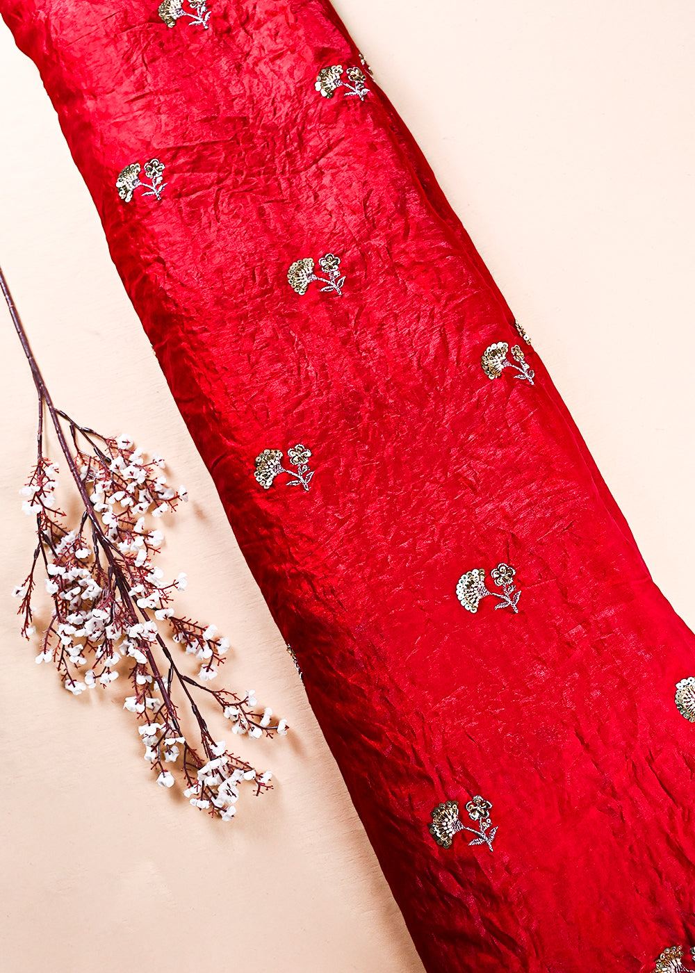 Rani Pink Diamond Tissue Fabric With All Over Zari, Sequins And Katdana Work 23787