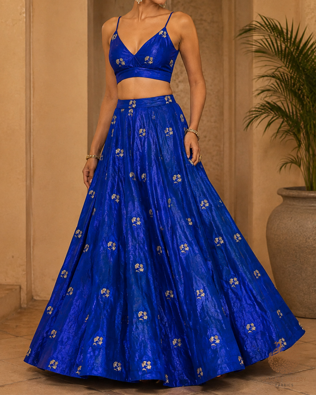 Royal Blue Diamond Tissue Fabric With All Over Buti Of Zari, Sequins And Katdana Work 23788