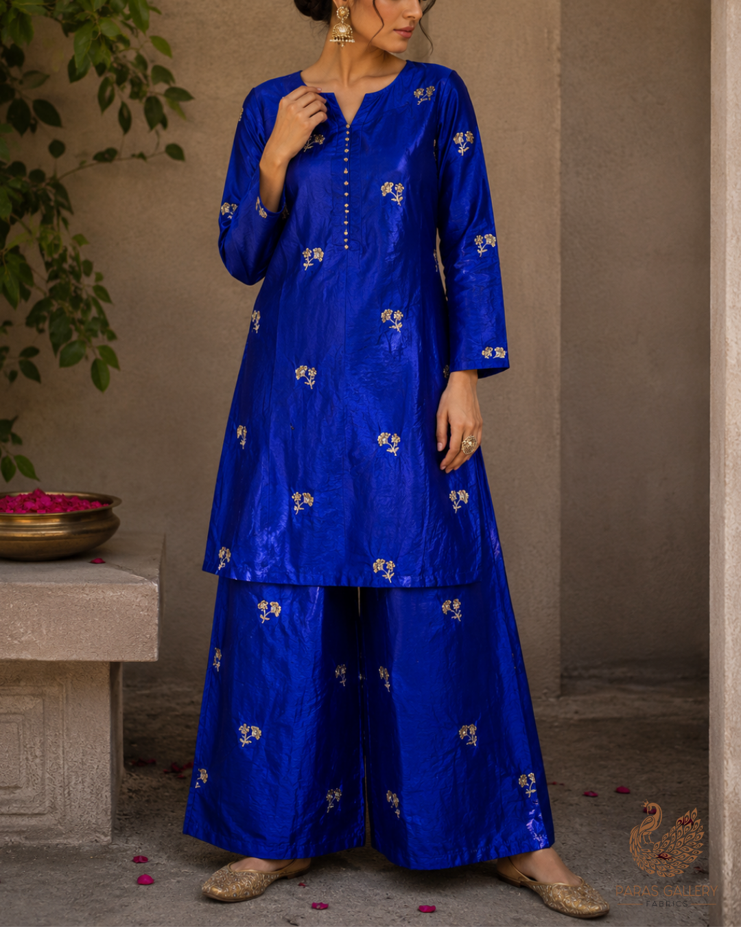 Royal Blue Diamond Tissue Fabric With All Over Buti Of Zari, Sequins And Katdana Work 23788