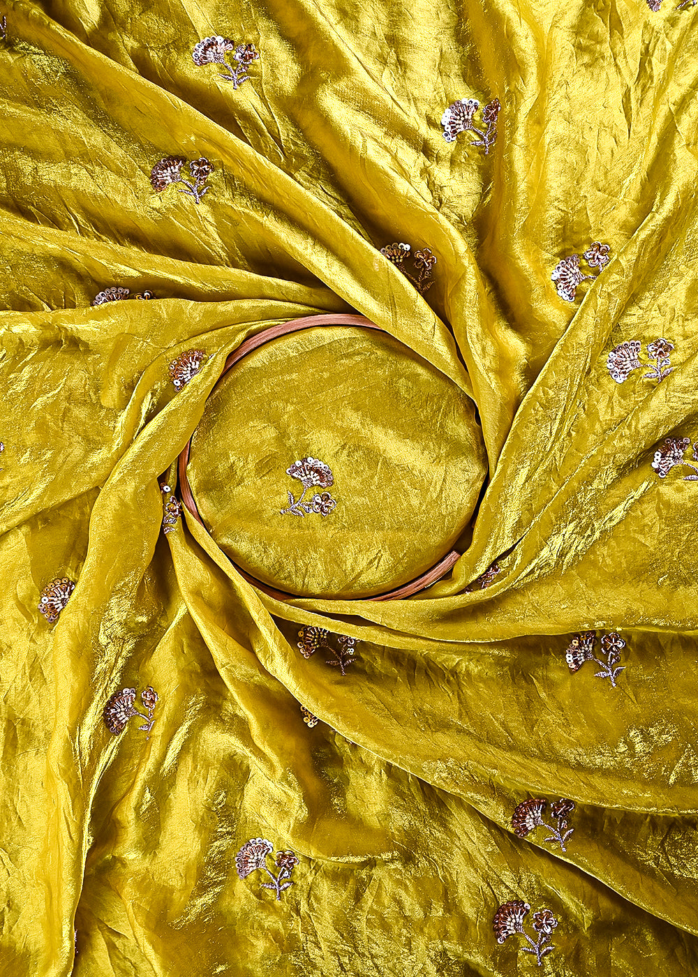 Lemon Yellow Diamond Tissue Fabric With All Over Zari, Sequins And Katdana Work 23789
