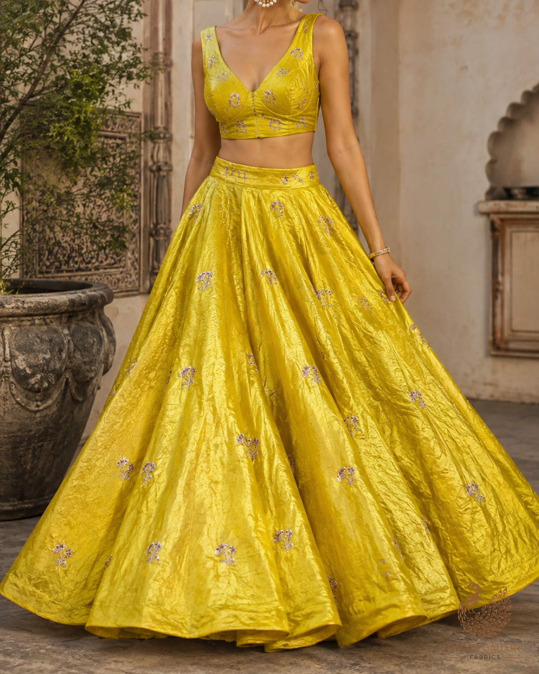 Lemon Yellow Diamond Tissue Fabric With All Over Buti Of Zari, Sequins And Katdana Work 23789