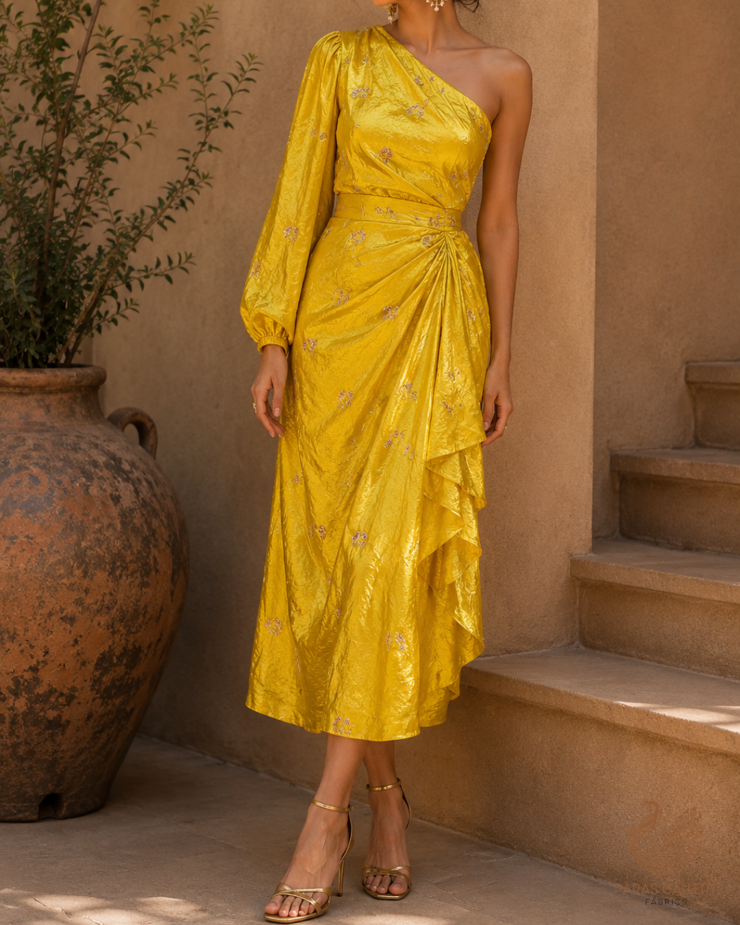 Lemon Yellow Diamond Tissue Fabric With All Over Buti Of Zari, Sequins And Katdana Work 23789