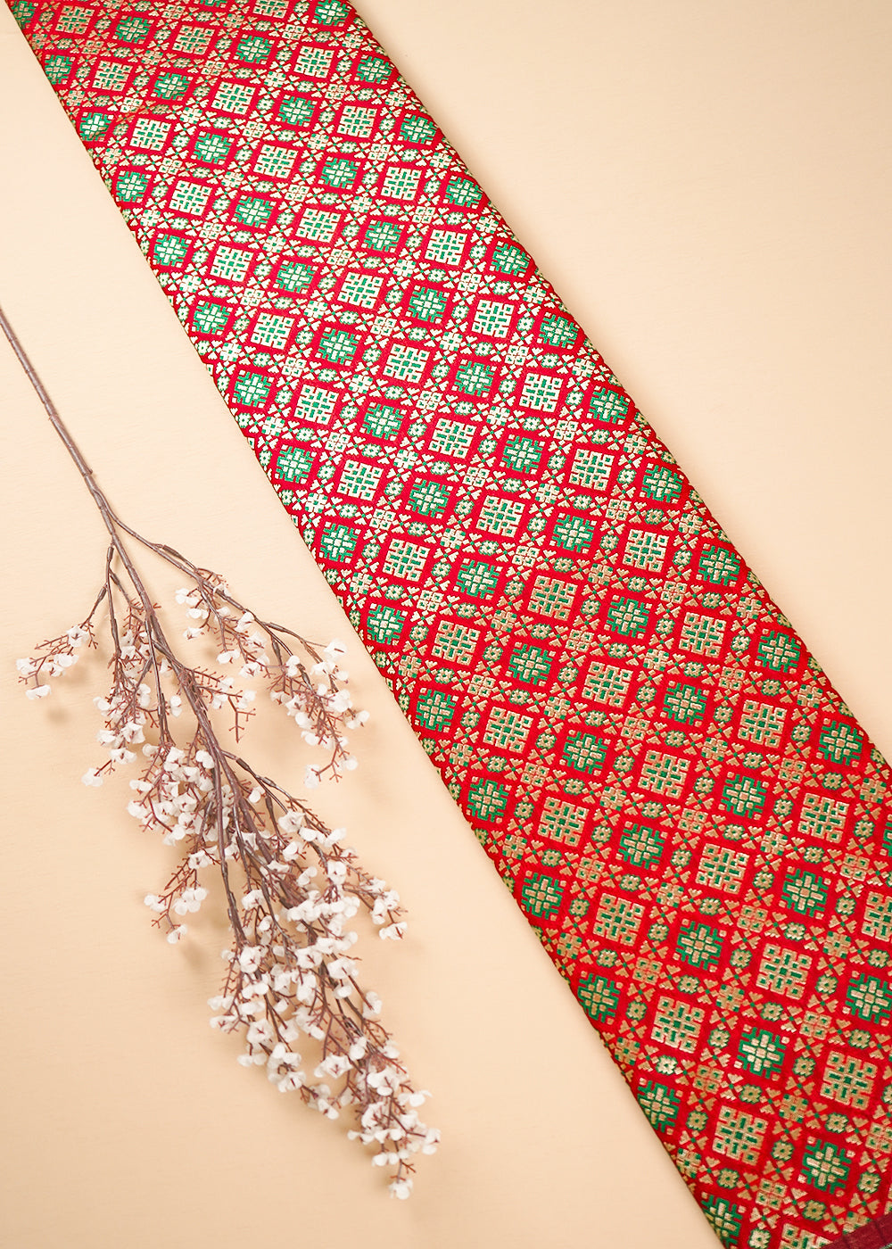 Red Banarasi Brocade Fabric With All Over Thread And Zari Handloom 23804