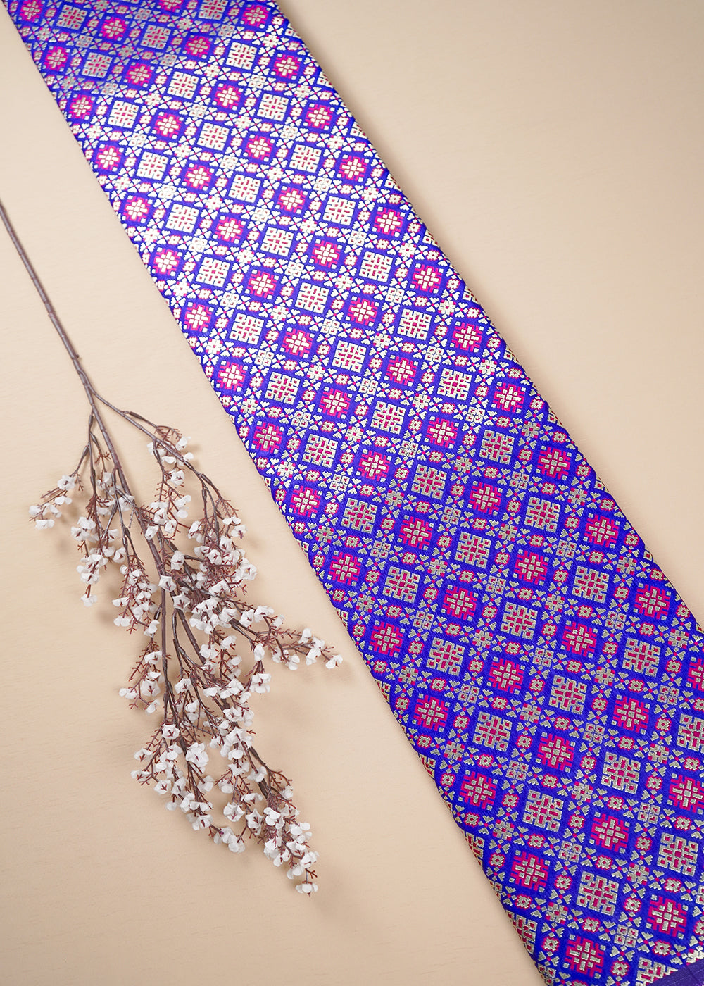 Royal Blue Banarasi Brocade Fabric With All Over Thread And Zari Handloom 23807