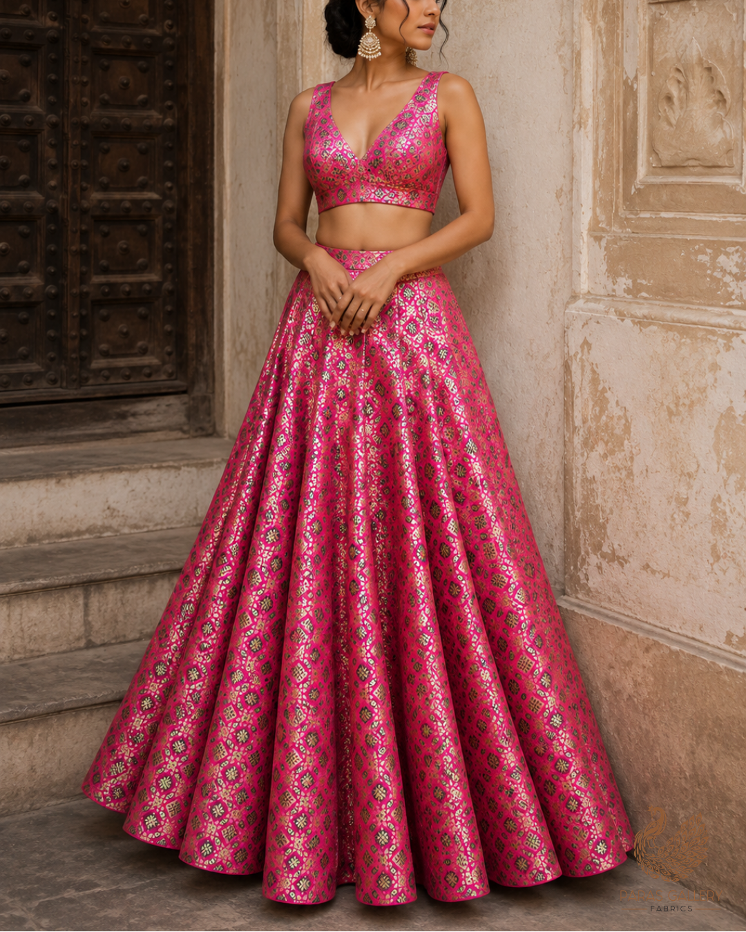 Rani Pink Banarasi Brocade Fabric With All Over Thread And Zari Handloom 23809