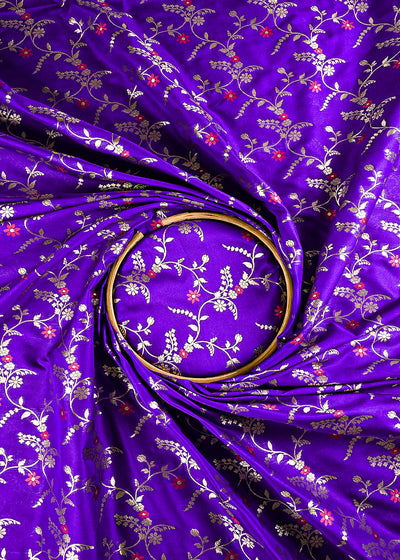 Violet Banarasi Brocade Fabric With All Over Thread And Golden Zari Handloom 23812