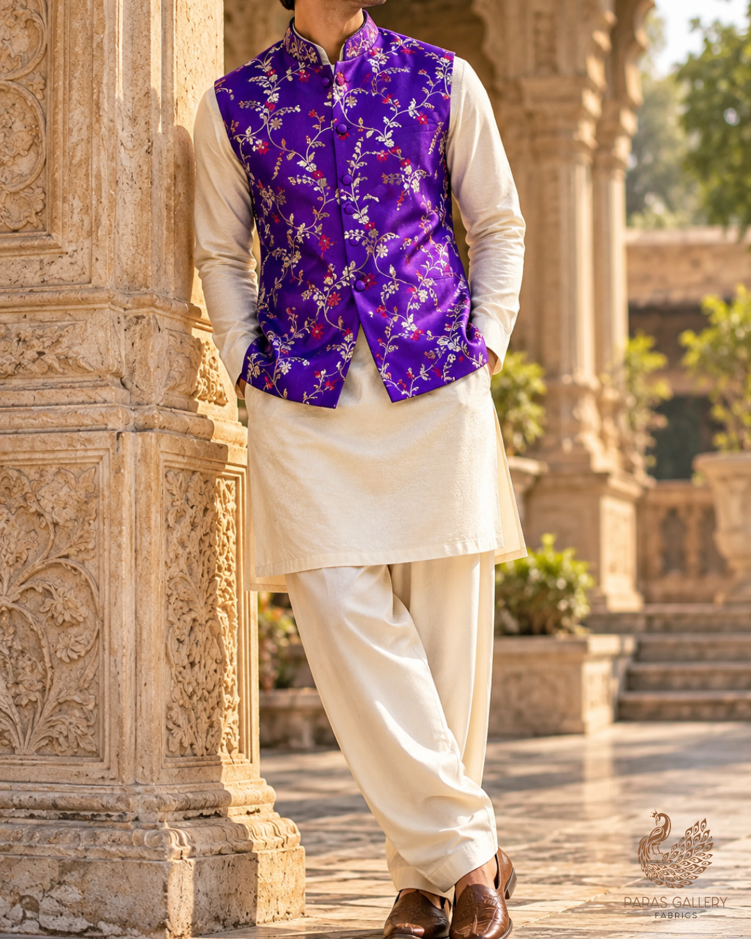 Violet Banarasi Brocade Fabric With All Over Thread And Golden Zari Handloom 23812