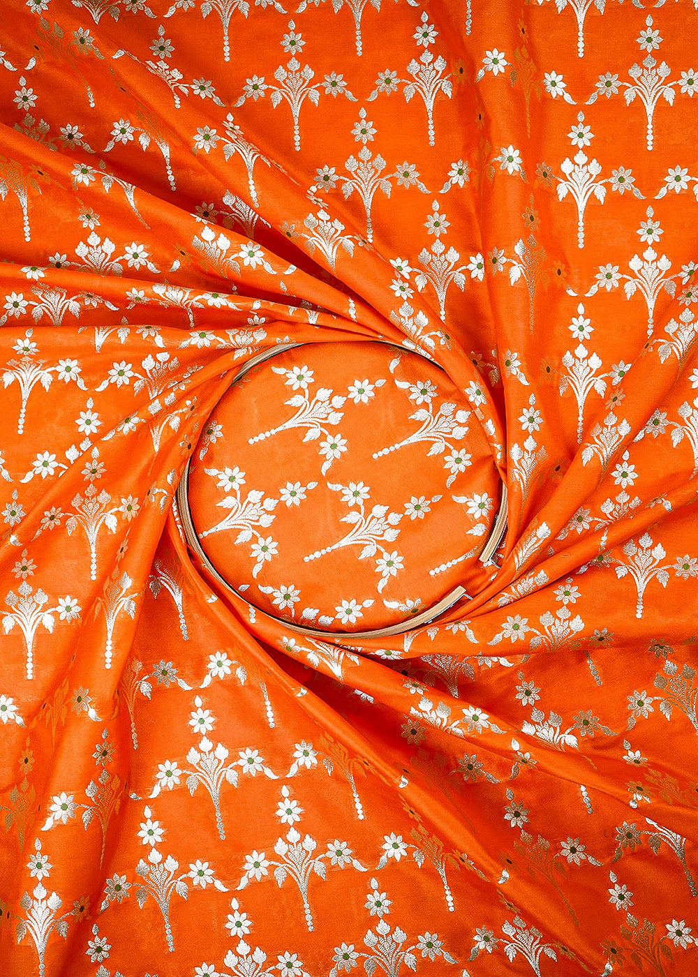 Orange Banarasi Brocade Fabric With All Over Thread And Zari Handloom 23813