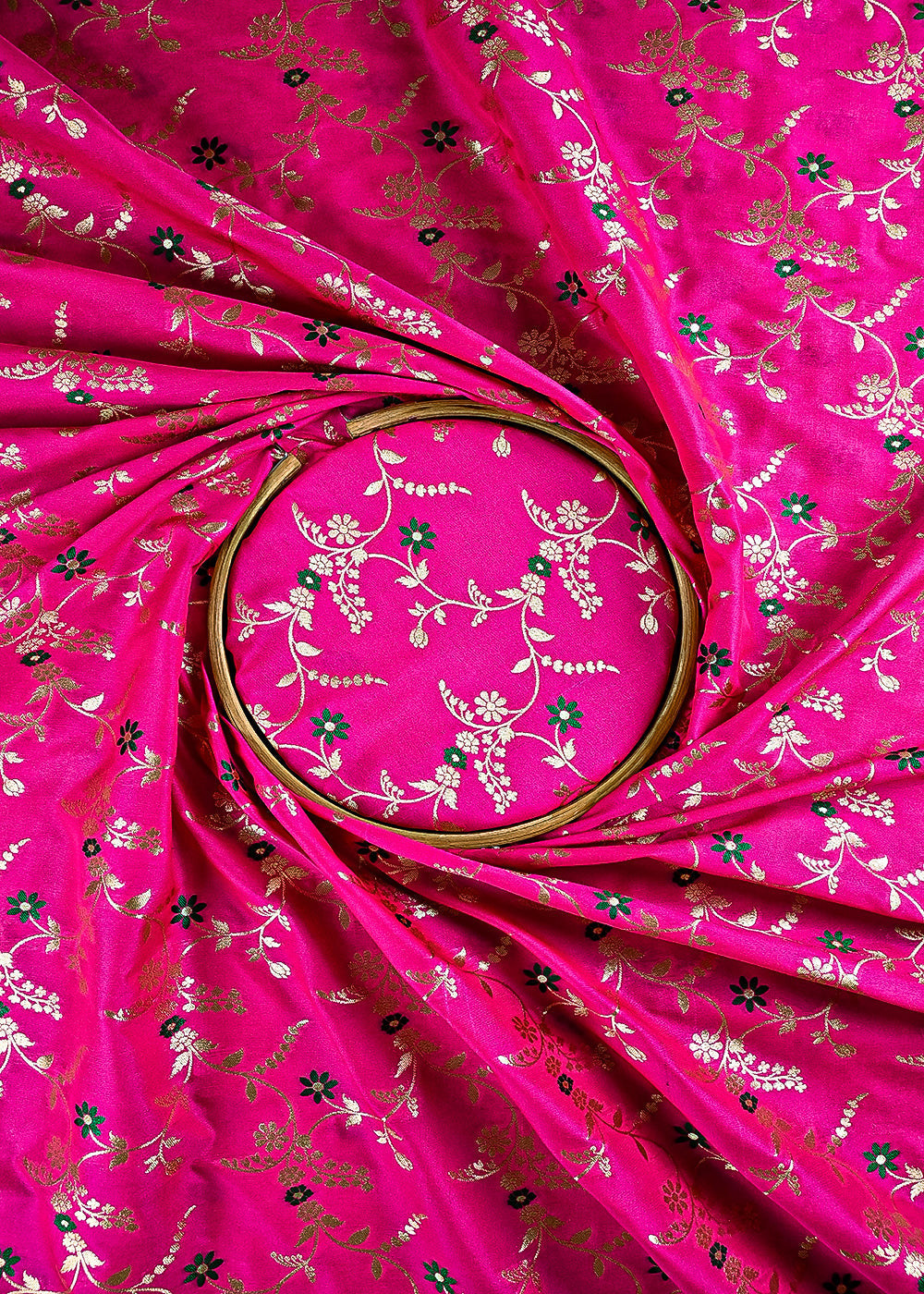 Neon Pink Banarasi Brocade Fabric With All Over Thread And Golden Zari Handloom 23819