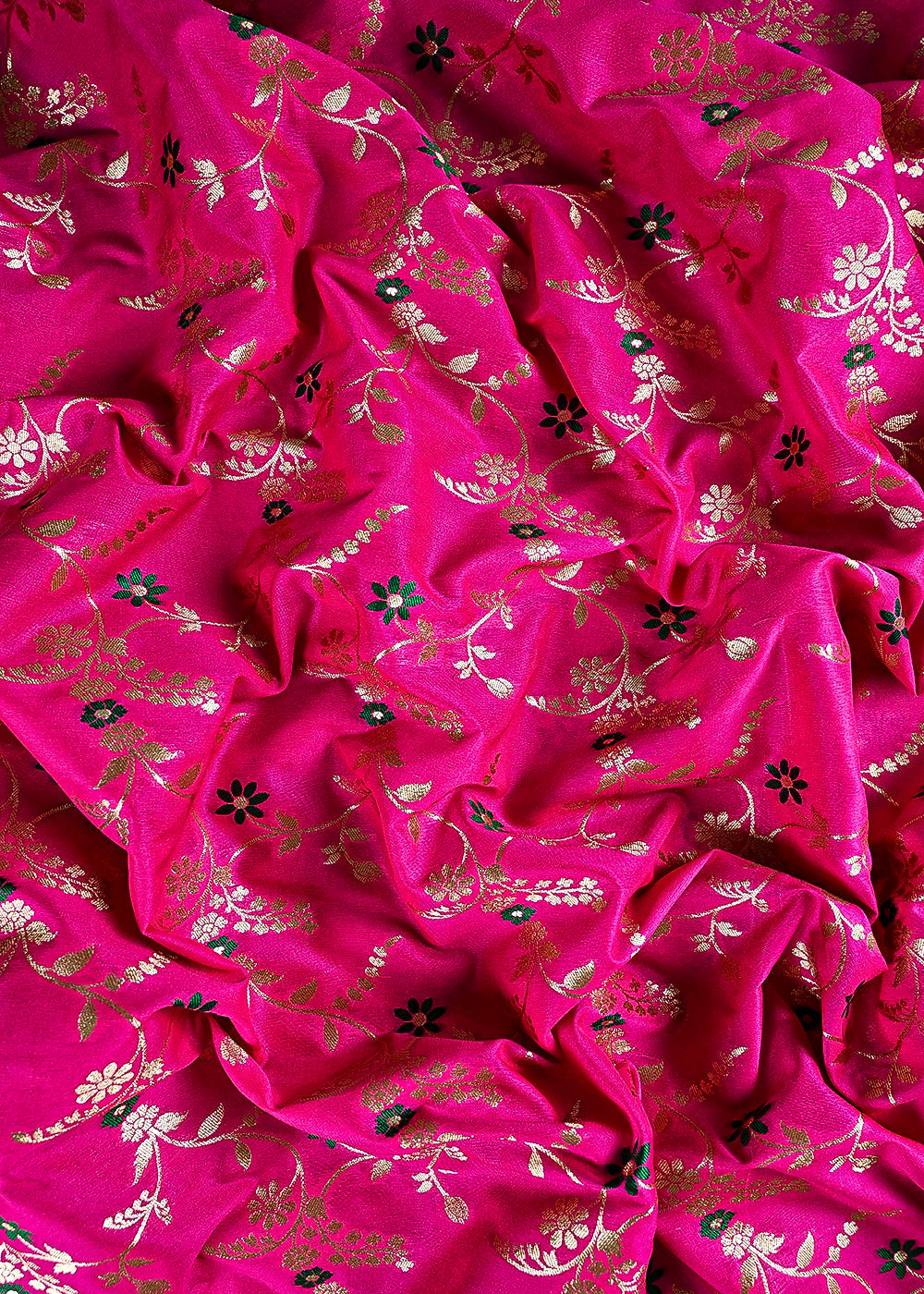 Neon Pink Banarasi Brocade Fabric With All Over Thread And Golden Zari Handloom 23819
