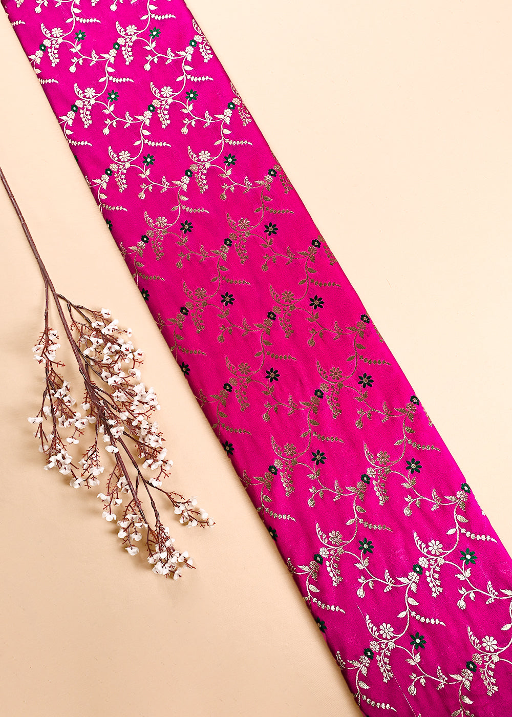 Neon Pink Banarasi Brocade Fabric With All Over Thread And Golden Zari Handloom 23819