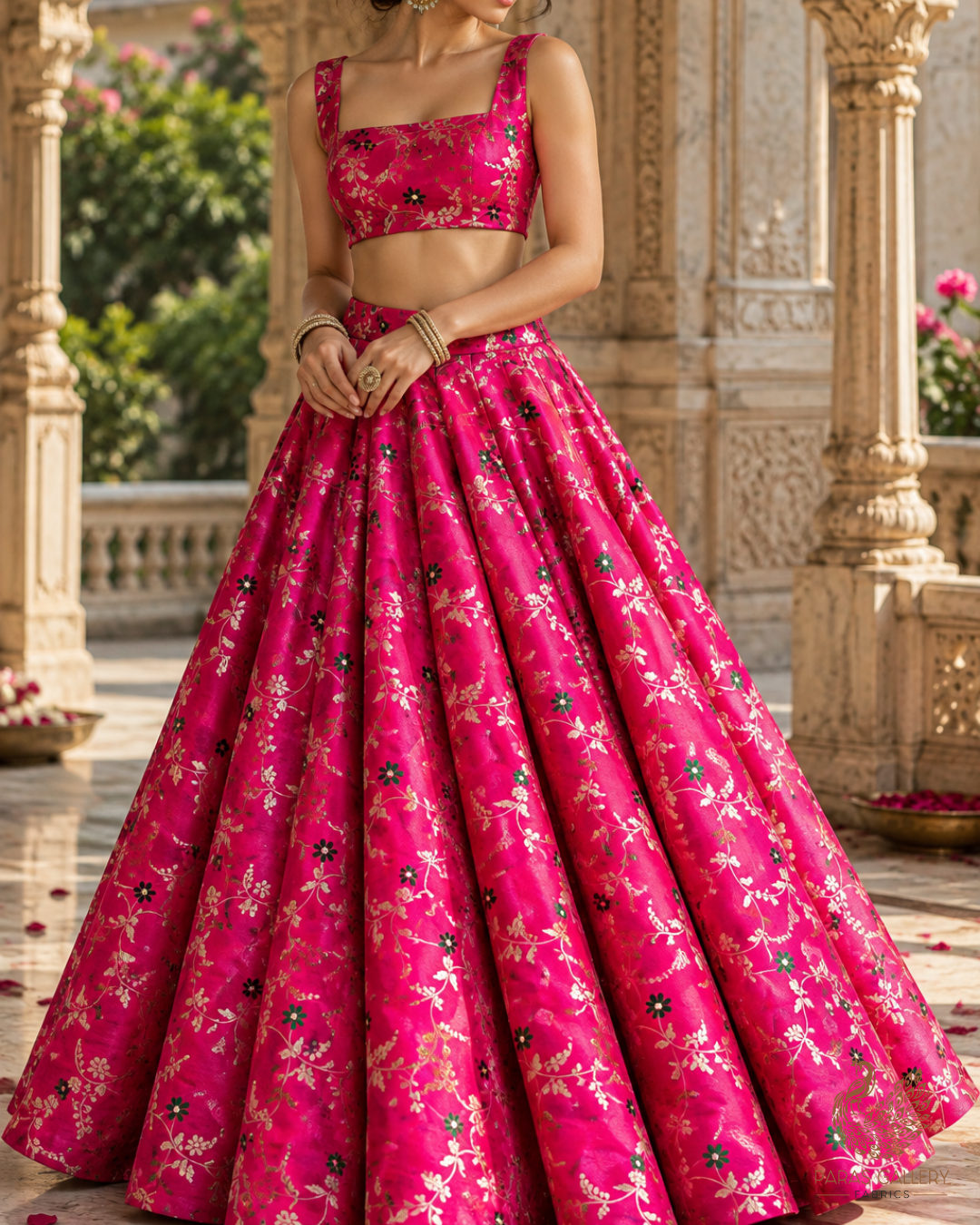 Neon Pink Banarasi Brocade Fabric With All Over Thread And Golden Zari Handloom 23819