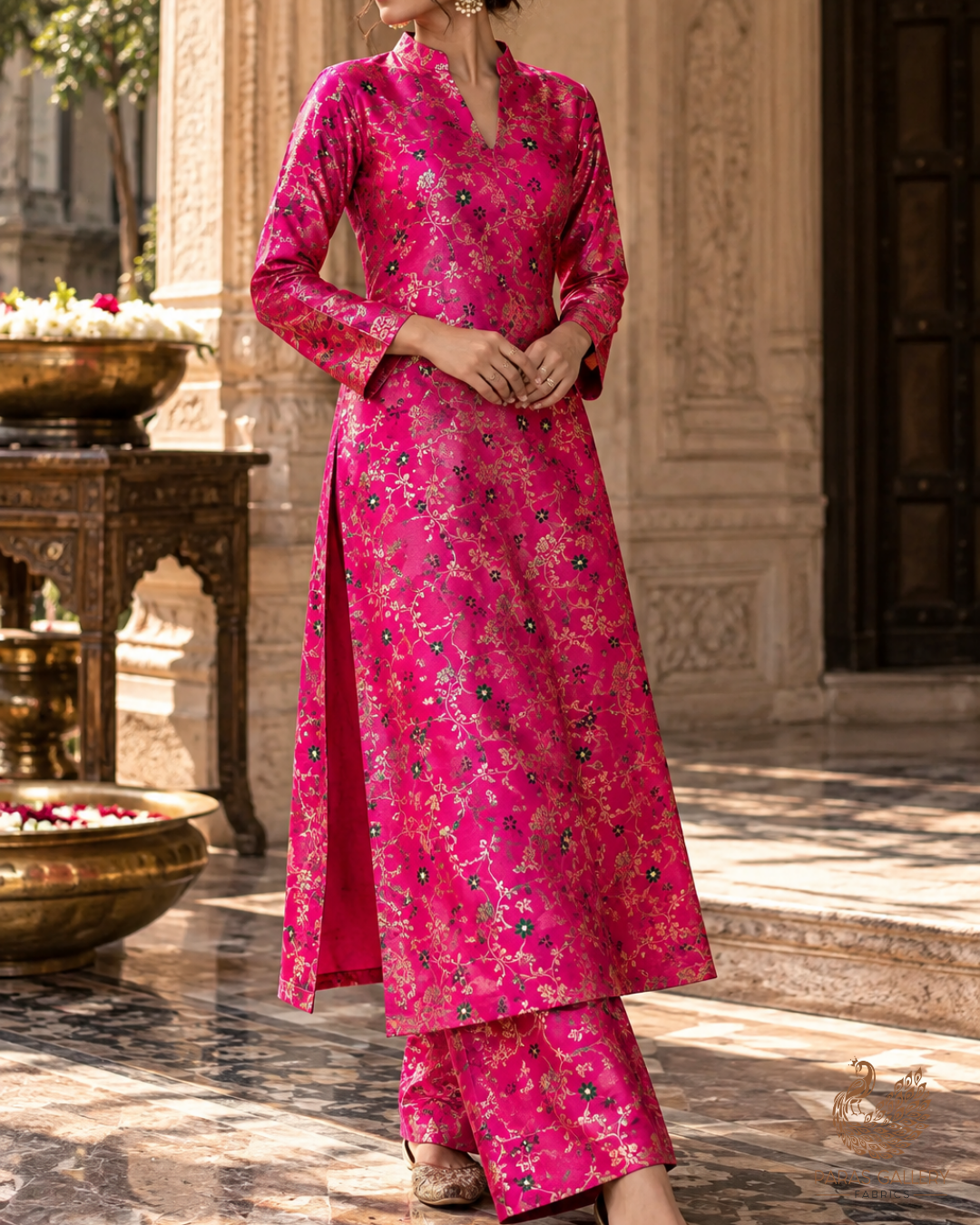 Neon Pink Banarasi Brocade Fabric With All Over Thread And Golden Zari Handloom 23819