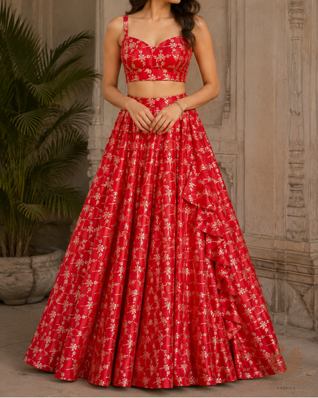 Red Banarasi Brocade Fabric With All Over Thread And Zari Handloom 23820