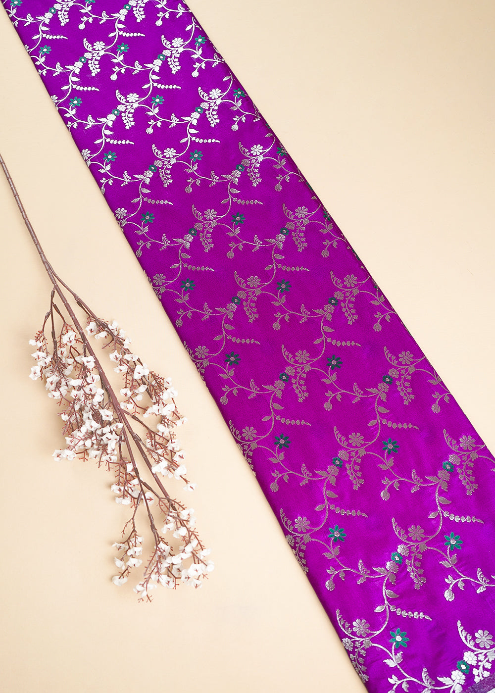 Purple Banarasi Brocade Fabric With All Over Thread And Golden Zari Handloom 23822