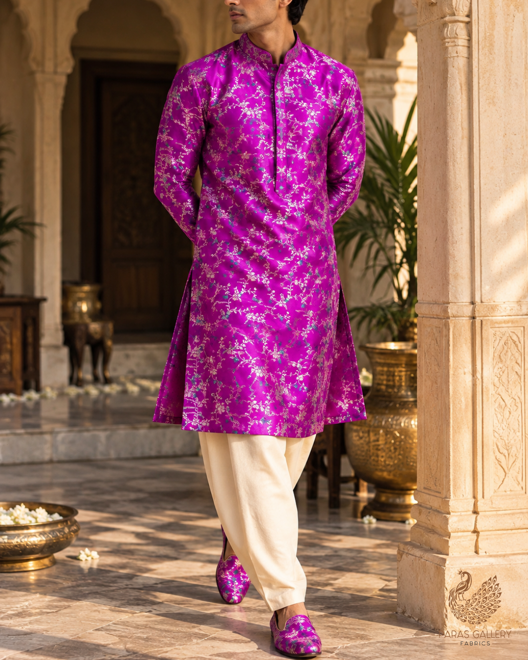 Purple Banarasi Brocade Fabric With All Over Thread And Golden Zari Handloom 23822