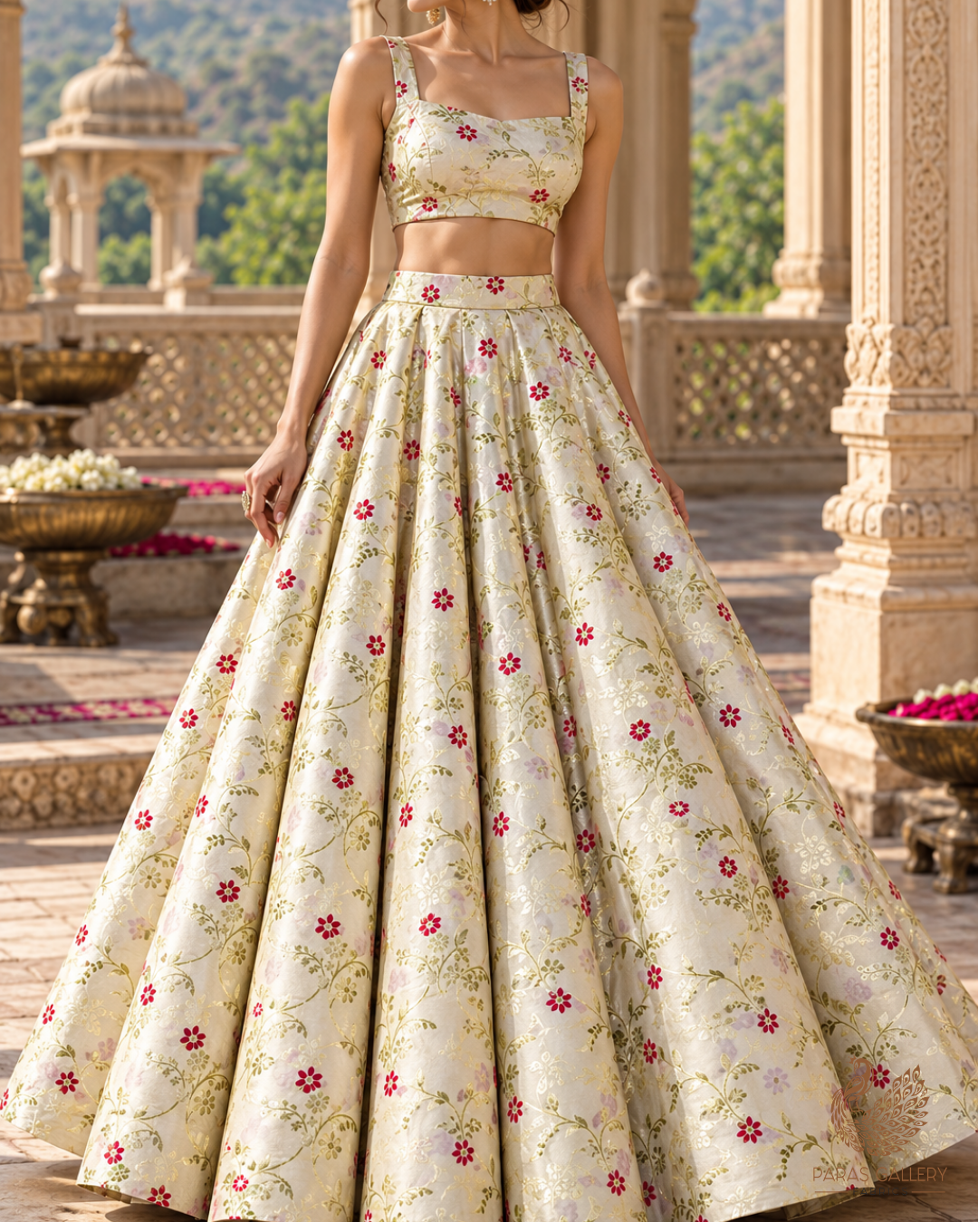 Light Green Banarasi Brocade Fabric With All Over Thread And Golden Zari Handloom 23823