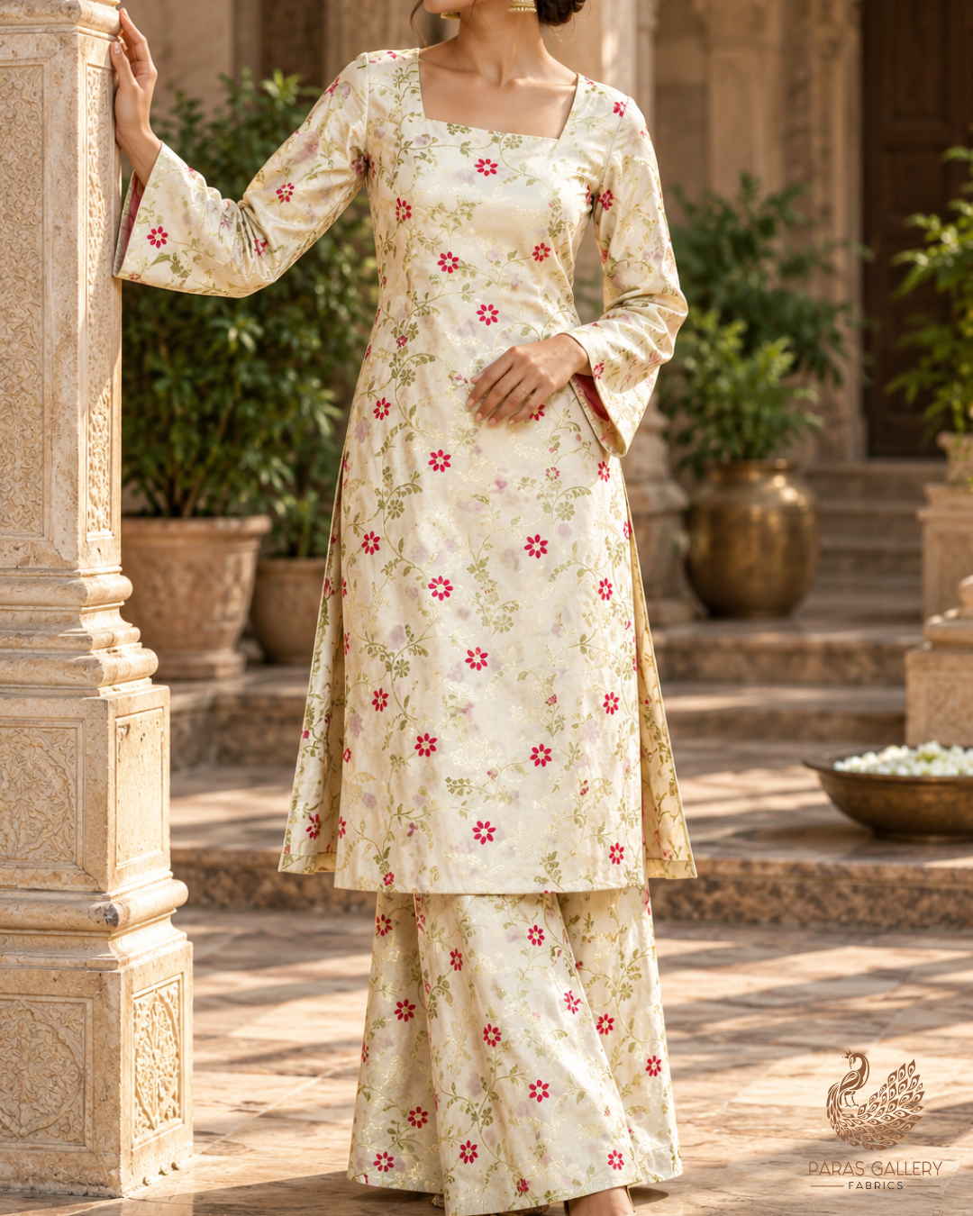 Light Green Banarasi Brocade Fabric With All Over Thread And Golden Zari Handloom 23823