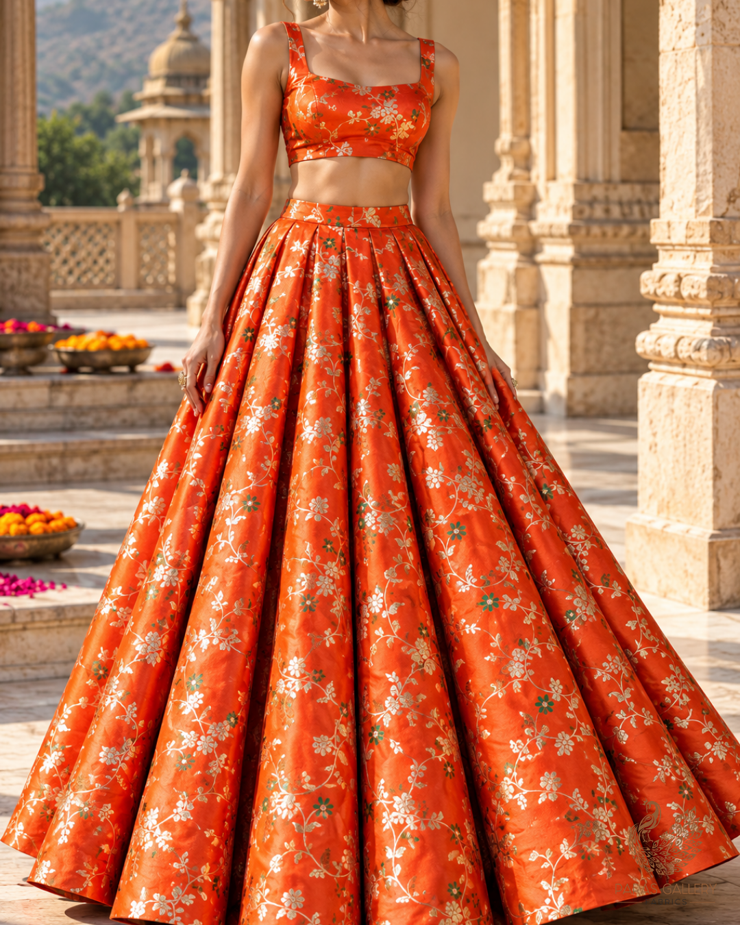Orange Banarasi Brocade Fabric With All Over Thread And Golden Zari Handloom 23824