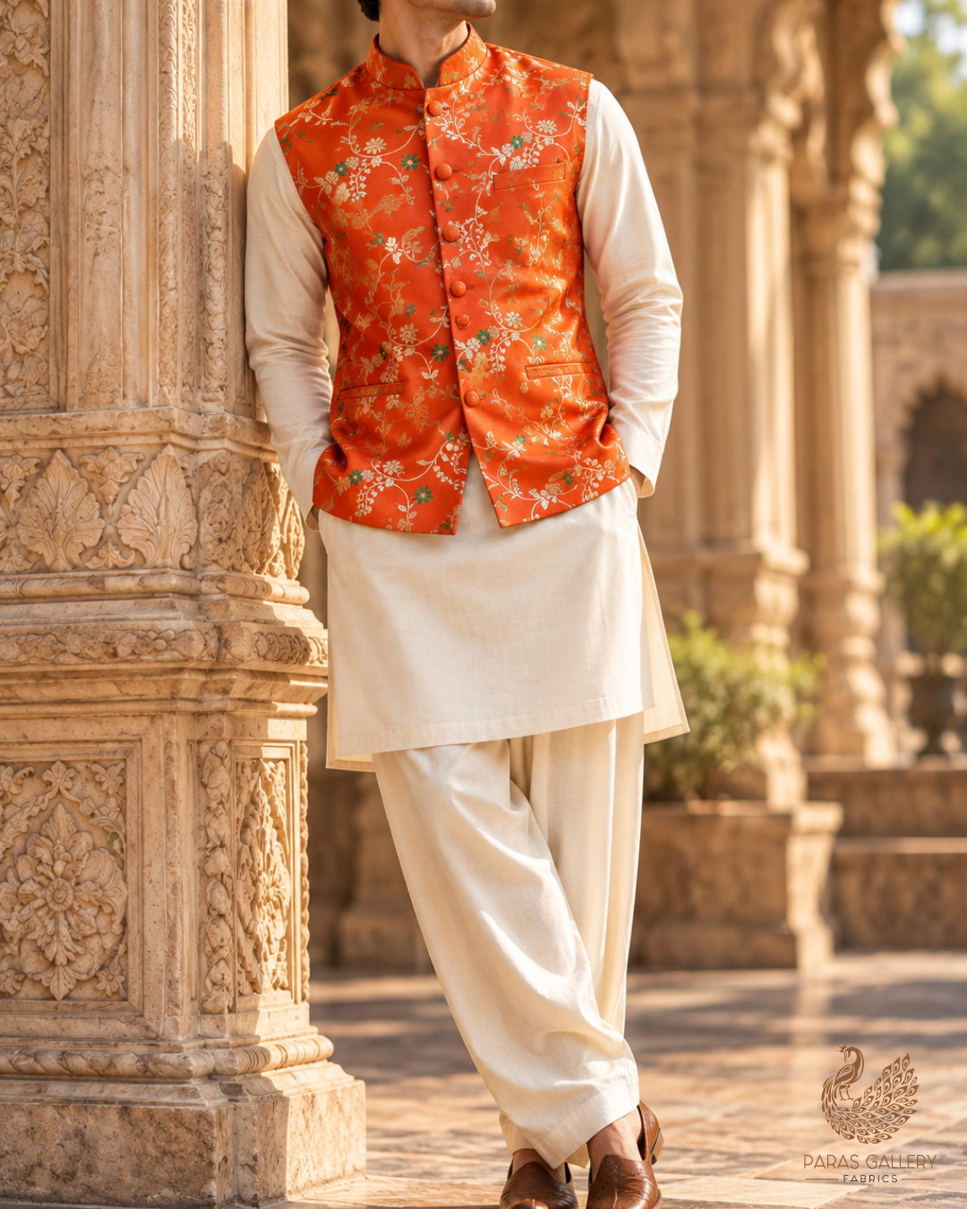 Orange Banarasi Brocade Fabric With All Over Thread And Golden Zari Handloom 23824